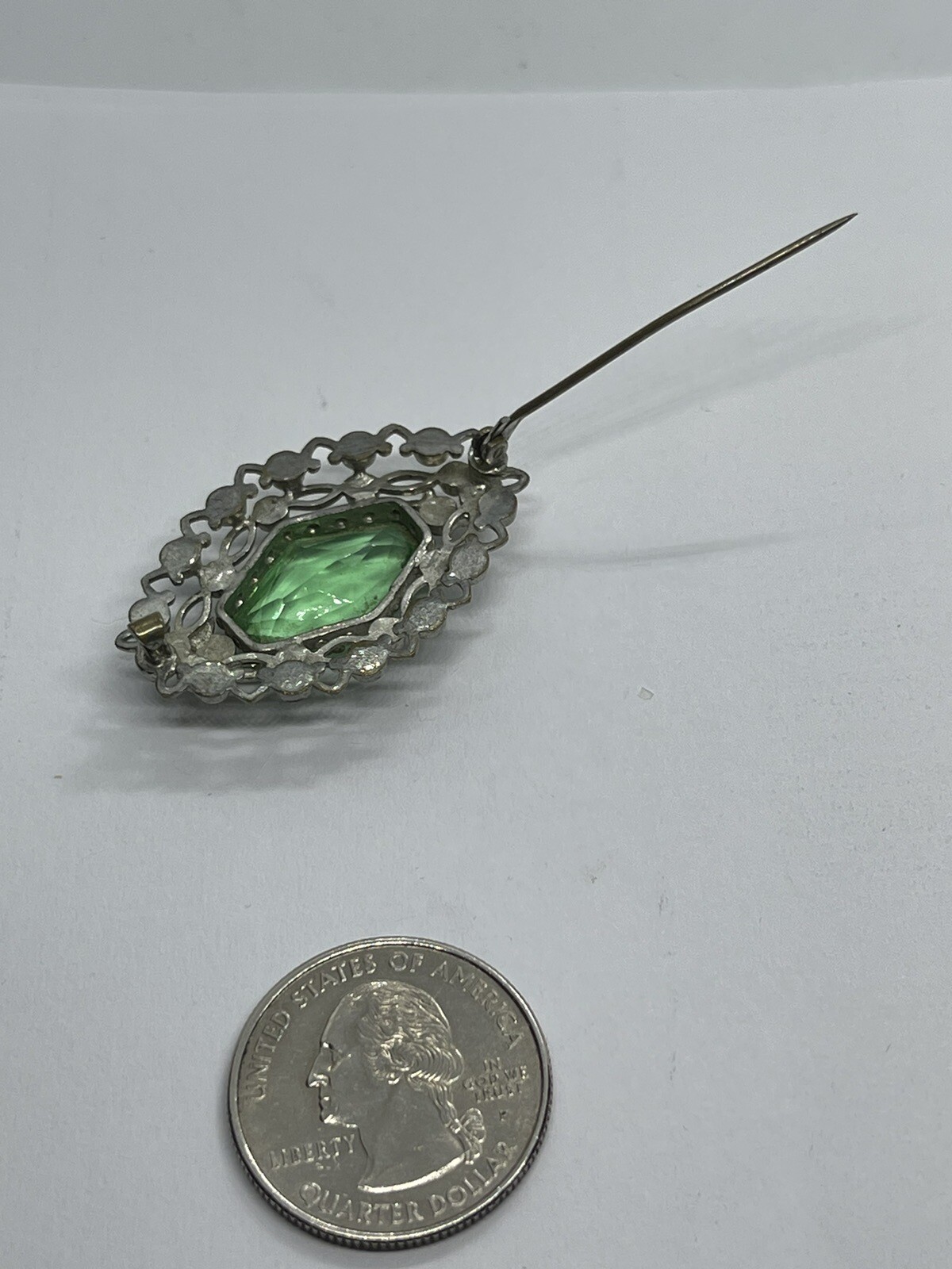 Art Deco Lozenge Shape Light Green Czech Glass Silvertone Filigree Brooch