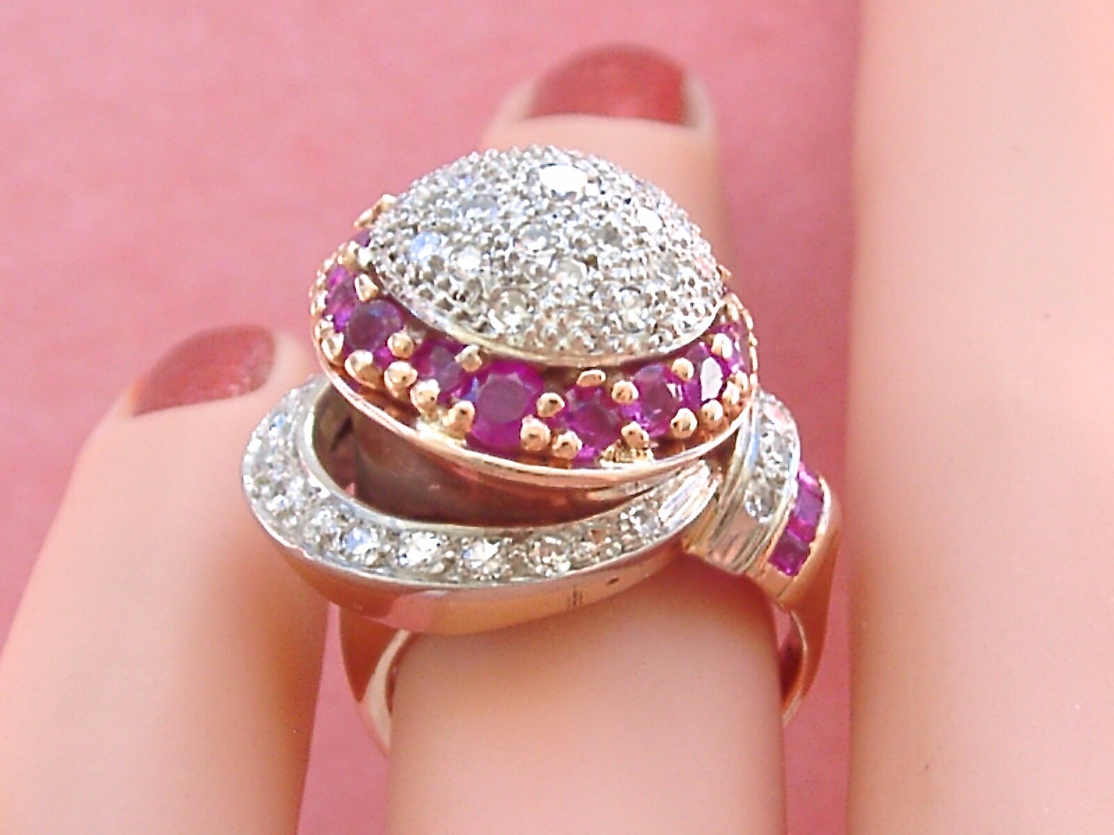 VINTAGE RETRO 1.38ctw DIAMOND 1.23ctw RUBY ATOMIC SPACE COCKTAIL PINKY RING 1940