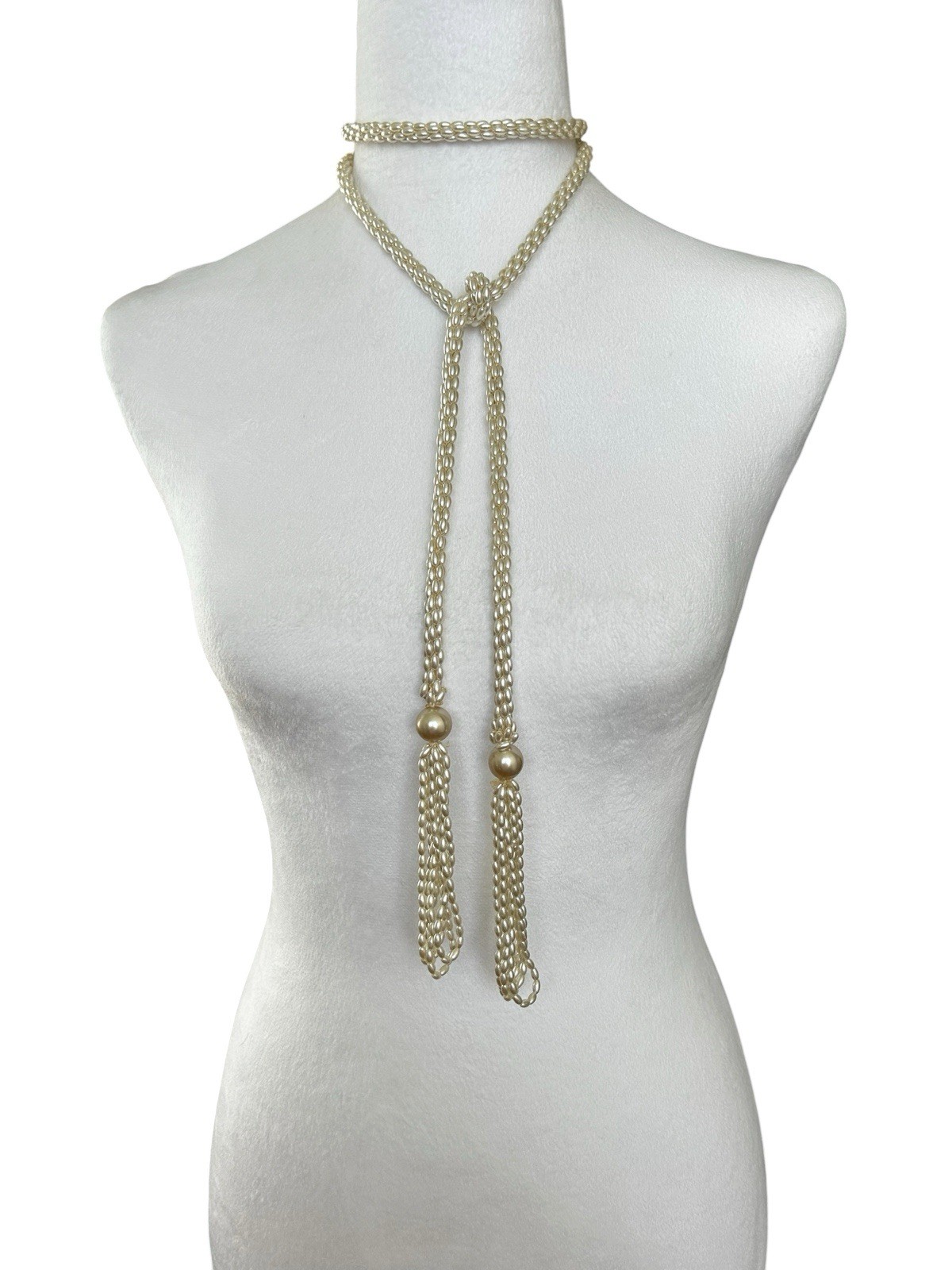 Long Faux Pearl Lariat Necklace Multi Strand Tassel Wrap Belt Convertible 58”