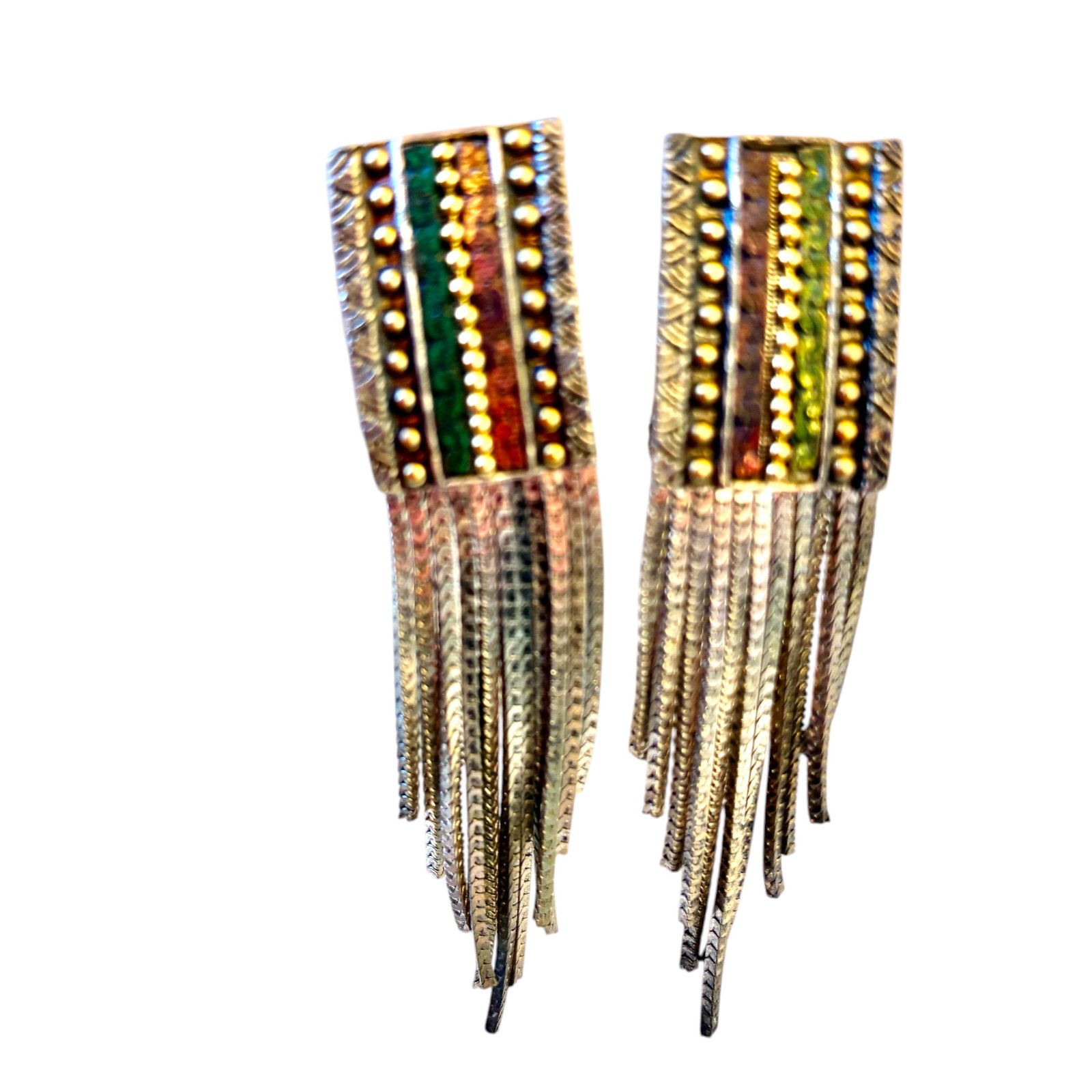 Vintage Turkish Metal Earrings Chain Fringe Dangle Tri-color CLIP-ON