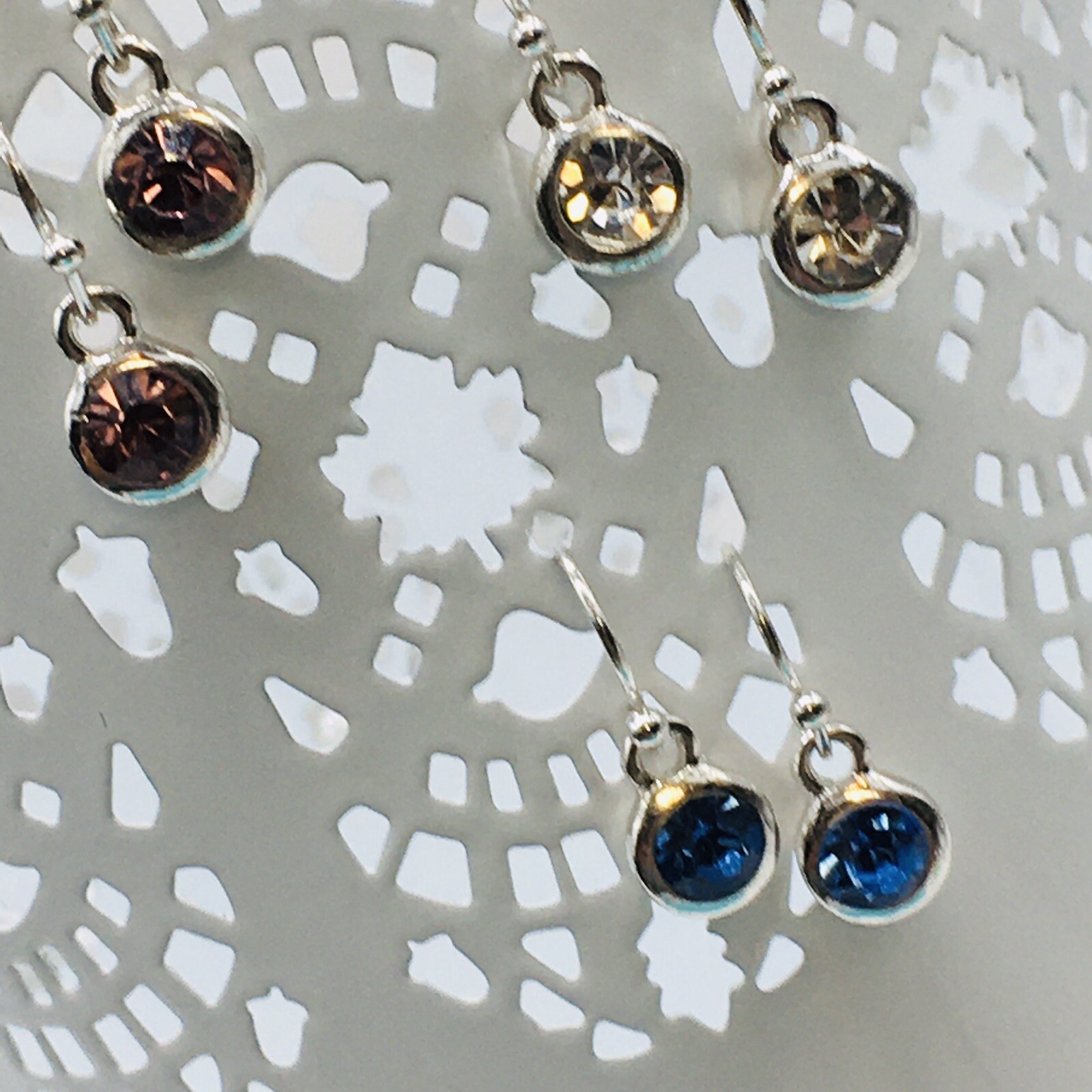 Silver Tone Glass / Acrylic Clear Purple and Blue Earrings Fish Hook Approx .4”