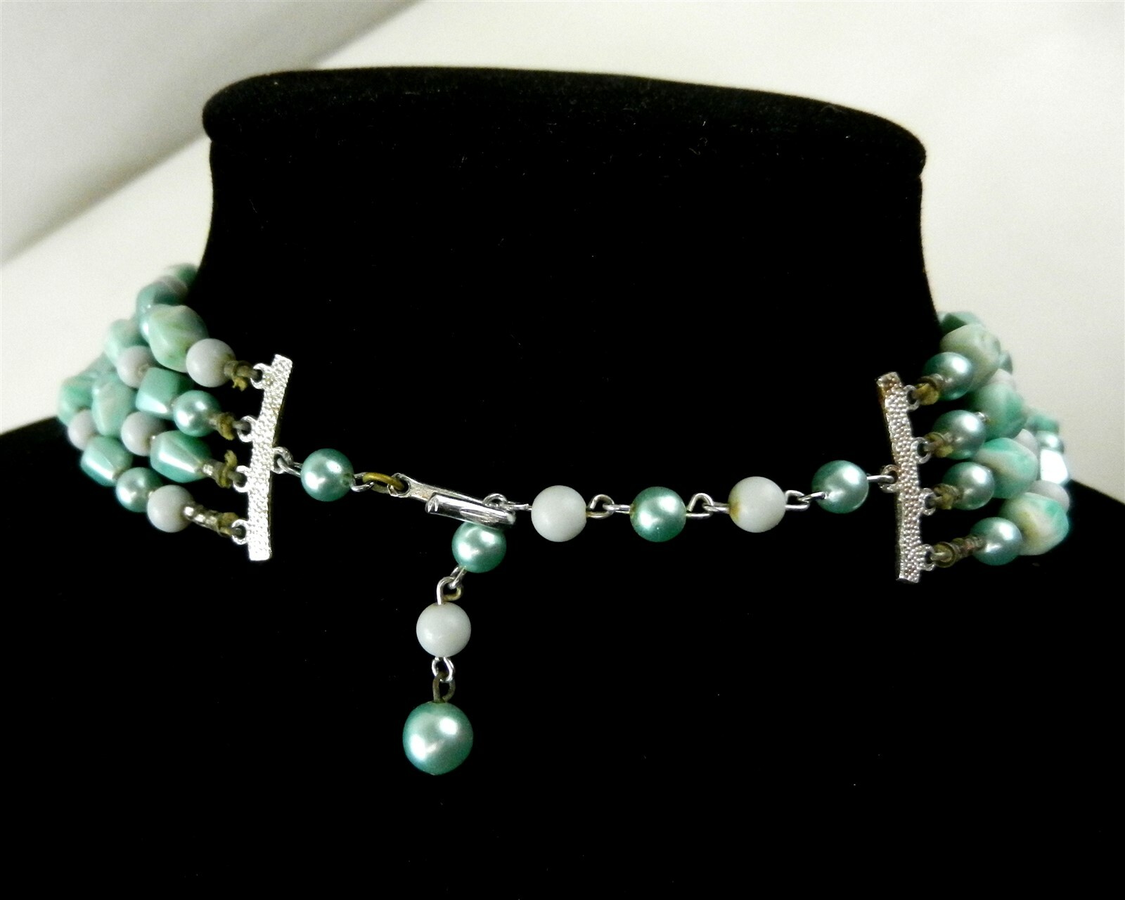 Vtg 4 Strand Necklace w/Earrings Teal Glass Beads Japan 1960’s Clip-on S04B