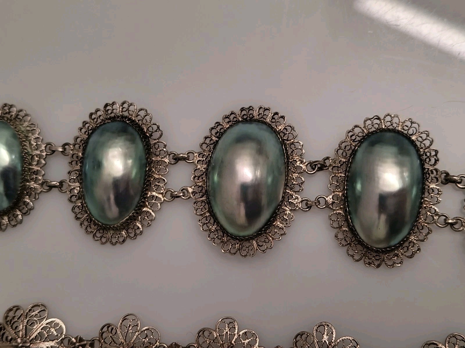 Vintage Antique Silver Filigree Mabe Pearl Necklace Brooch Bracelet Set Lot