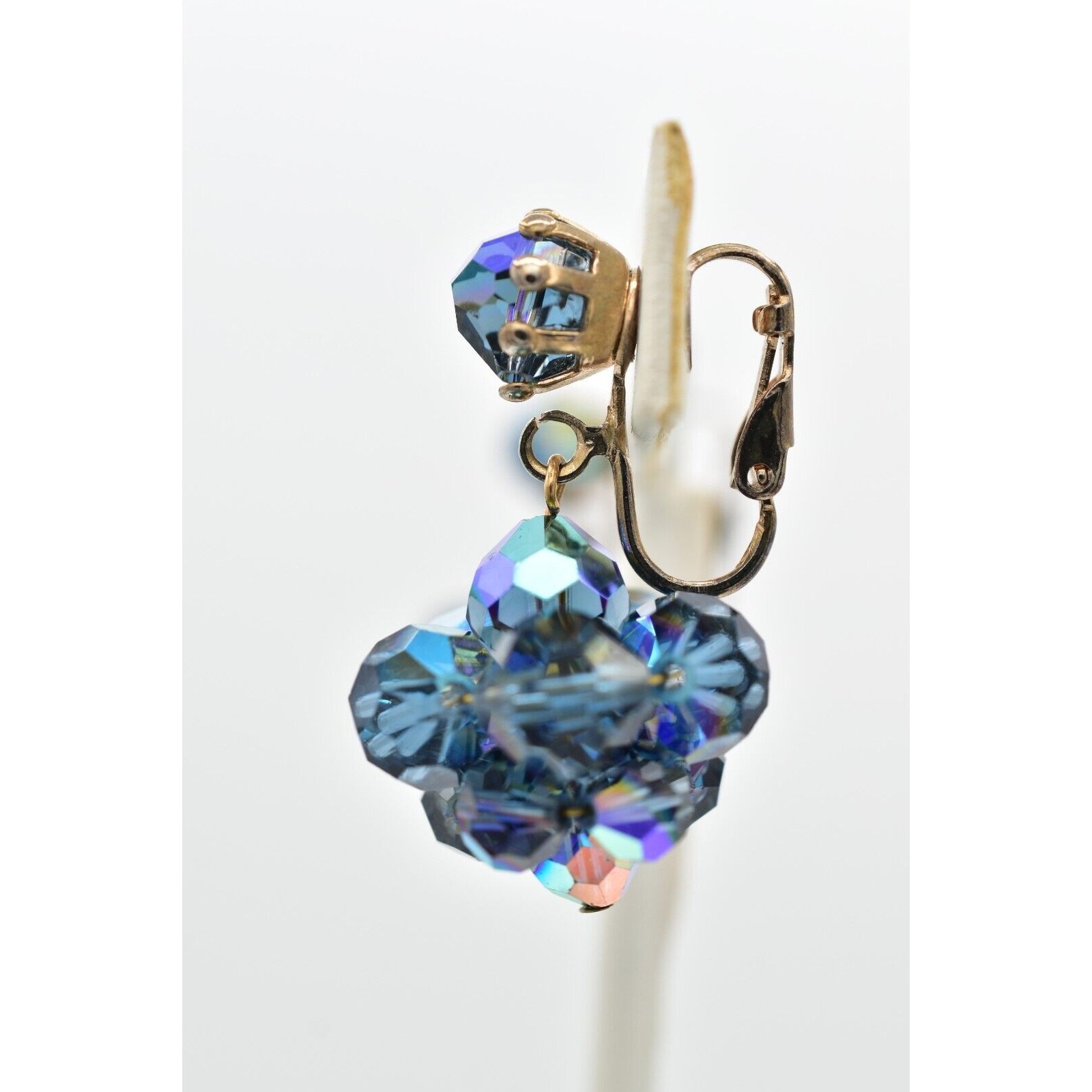 Laguna Vintage Clip On Crystal Earrings Dangle Navy Blue Drop Signed 1950s A24