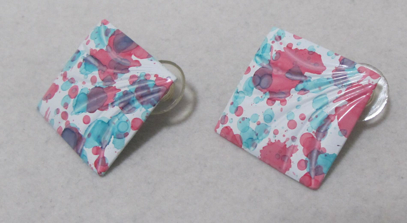 Fun! Vintage Pink Purple Aqua White Splatter Enamel Diamond-Shape Post Earrings