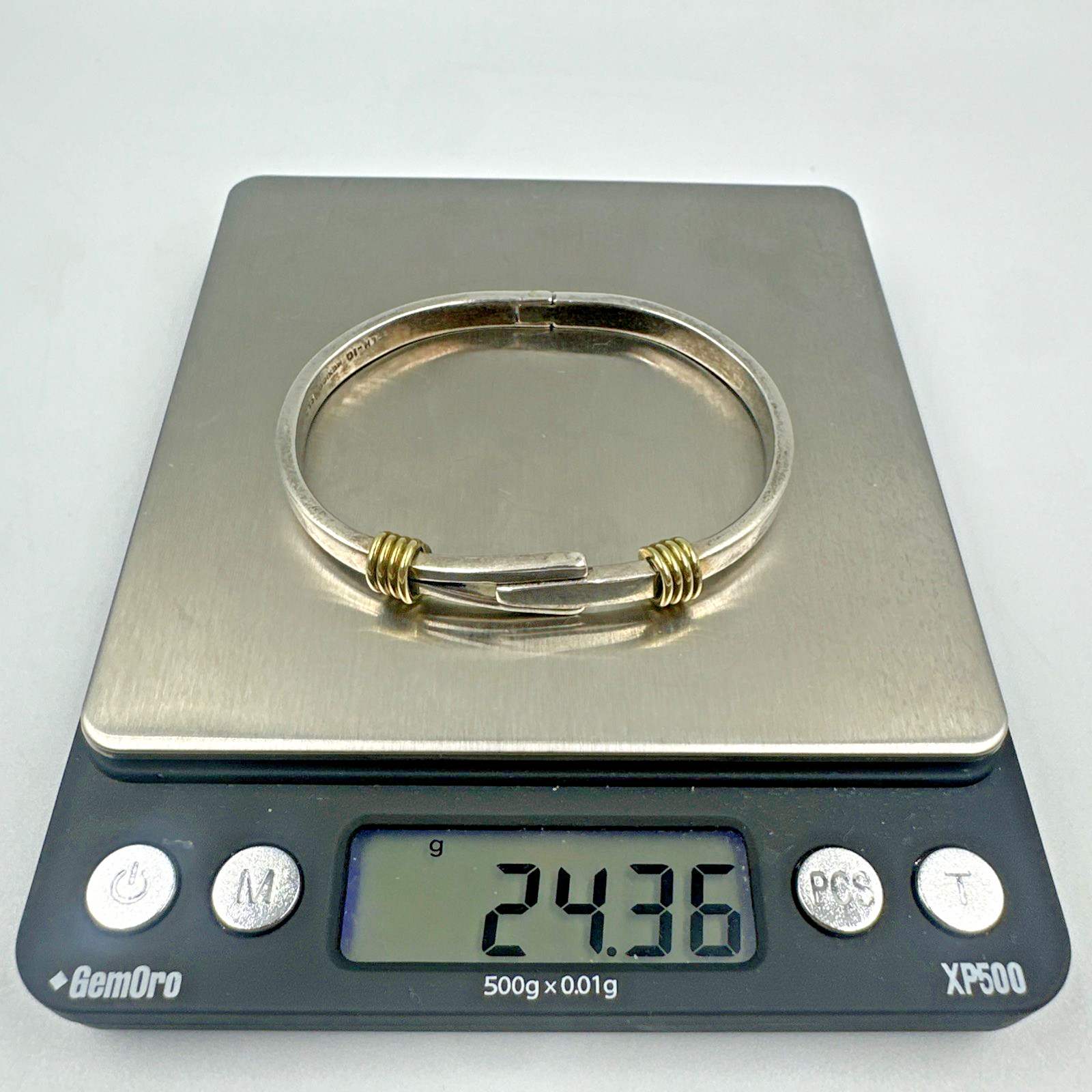 Vtg Taxco Sterling Silver Brass Accent Abstract Modernist Bangle Bracelet 24.3g