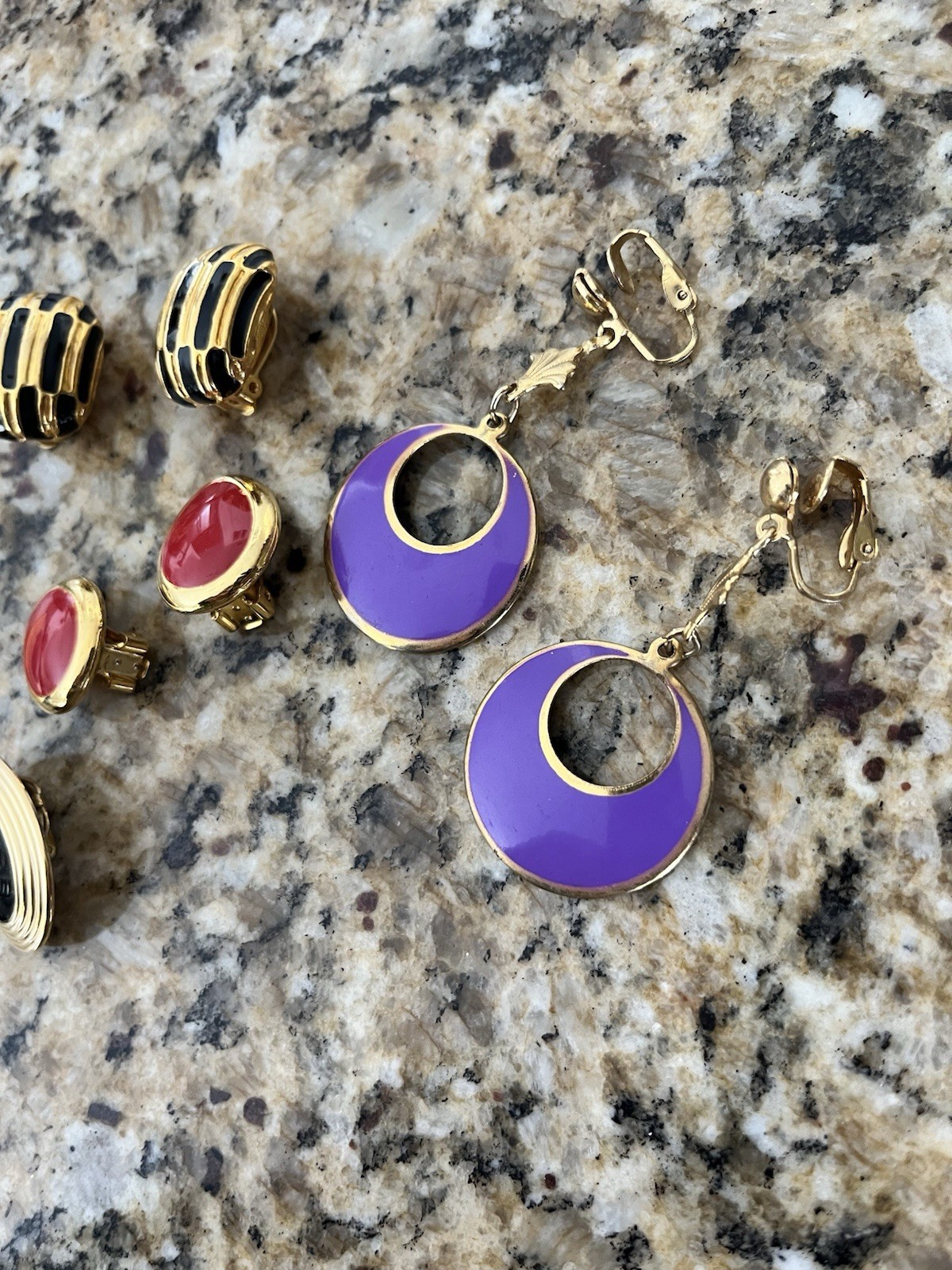 Vintage Gold Tone Multicolor Enamel Earring Lot Of 4 Clip On Purple Red Black