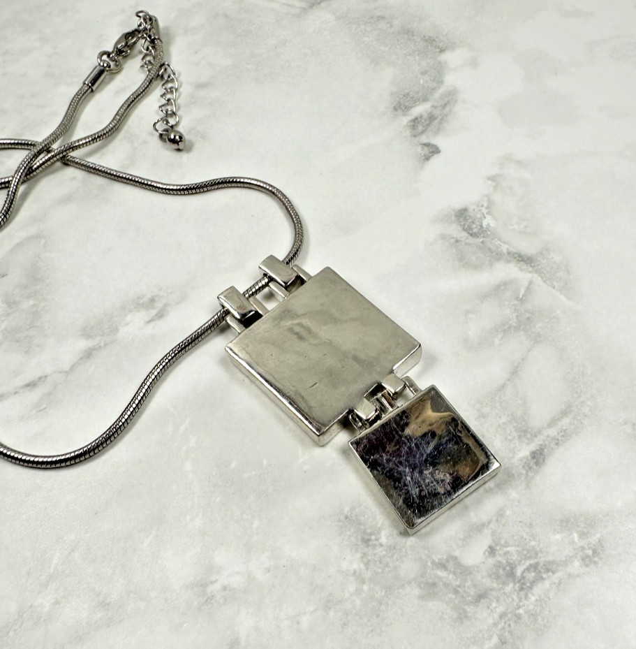 Modern Silver Tone Necklace with Square Black Double Pendants – 16″
