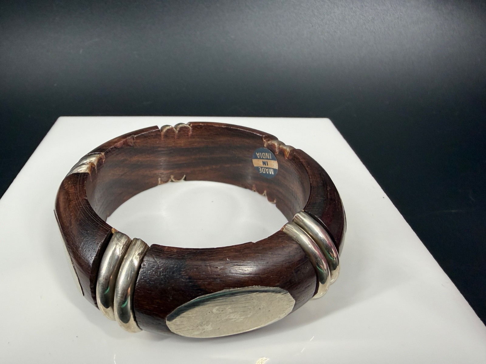Vintage India Wood Silver Tone Bangle Bracelet Chunky Tribal Boho Statement 8″