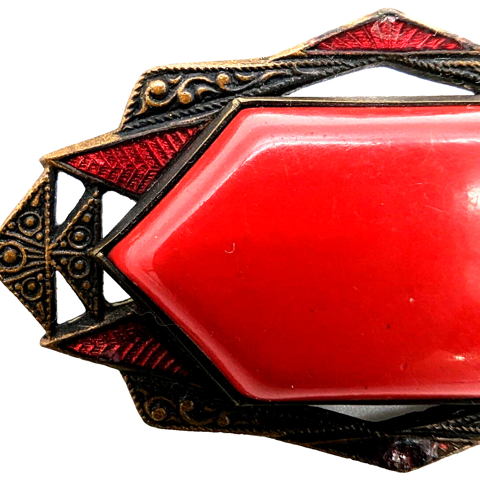 Antique Art Deco Brooch Pin Red Celluloid Hollow Center Circa 1920s Flapper