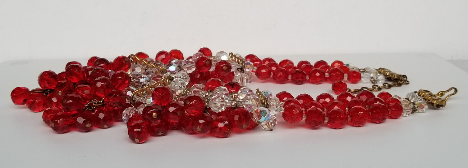 Vintage Signed France AB Bead & Red Glass Cluster Bead Necklace