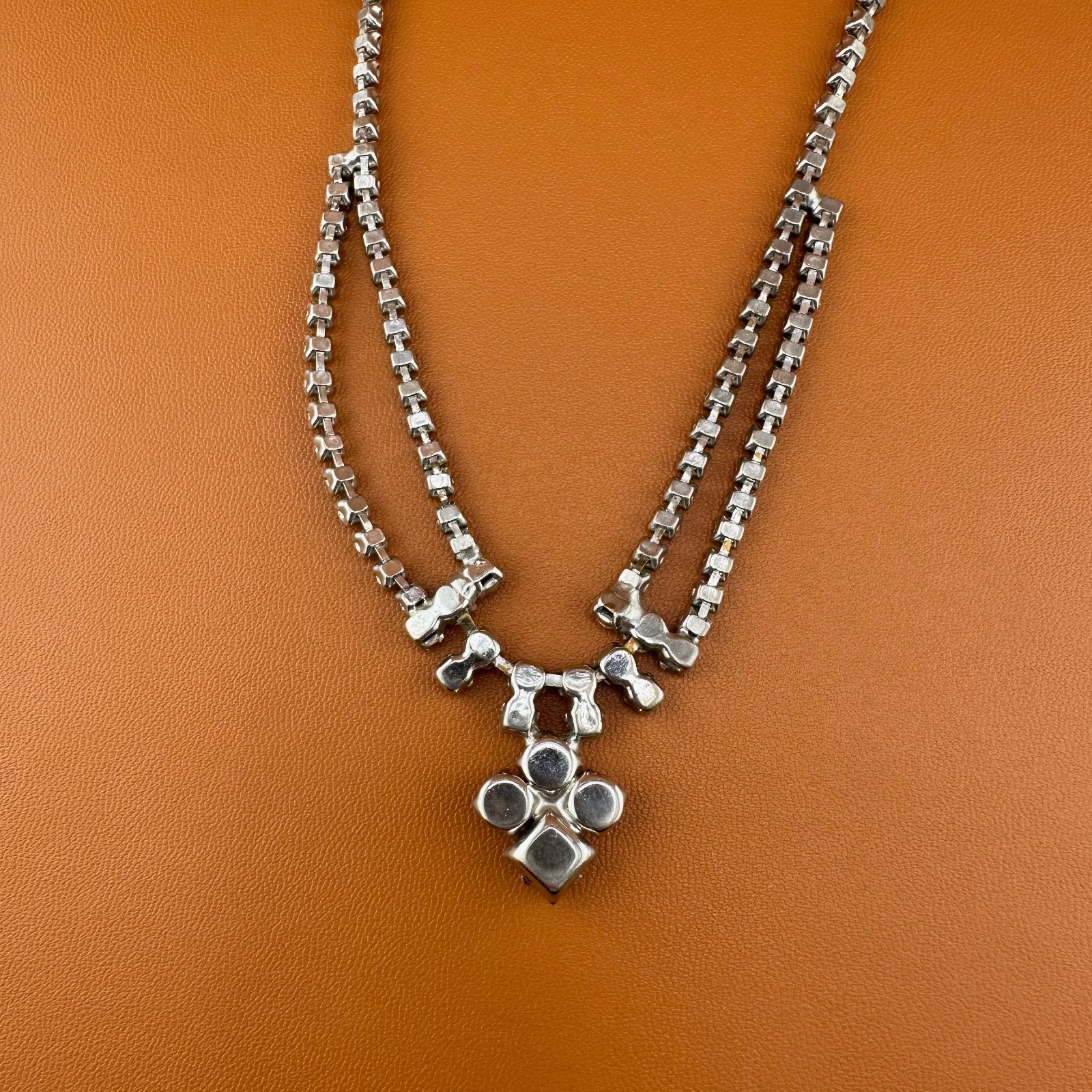 Vintage Rhinestone Festoon Style Necklace Silver Tone Cup Chain Clear Stones