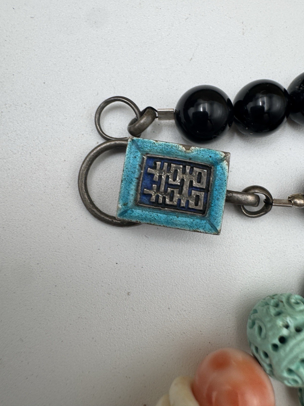 Large Chinese Longevity Pendant Necklace Coral Onyx Double Happiness 144g