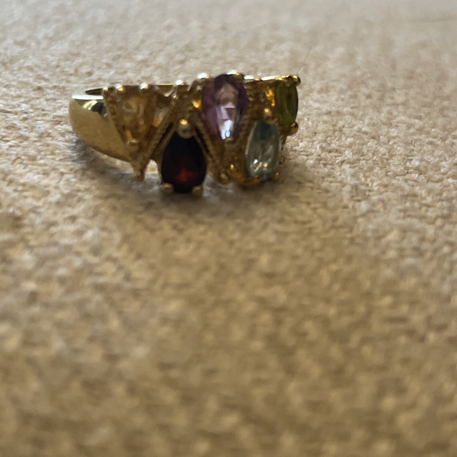 Vintage HSN Gold-Tone Ring 6 Multicolor Pear Cut Zig Zag CZ Stones Cluster