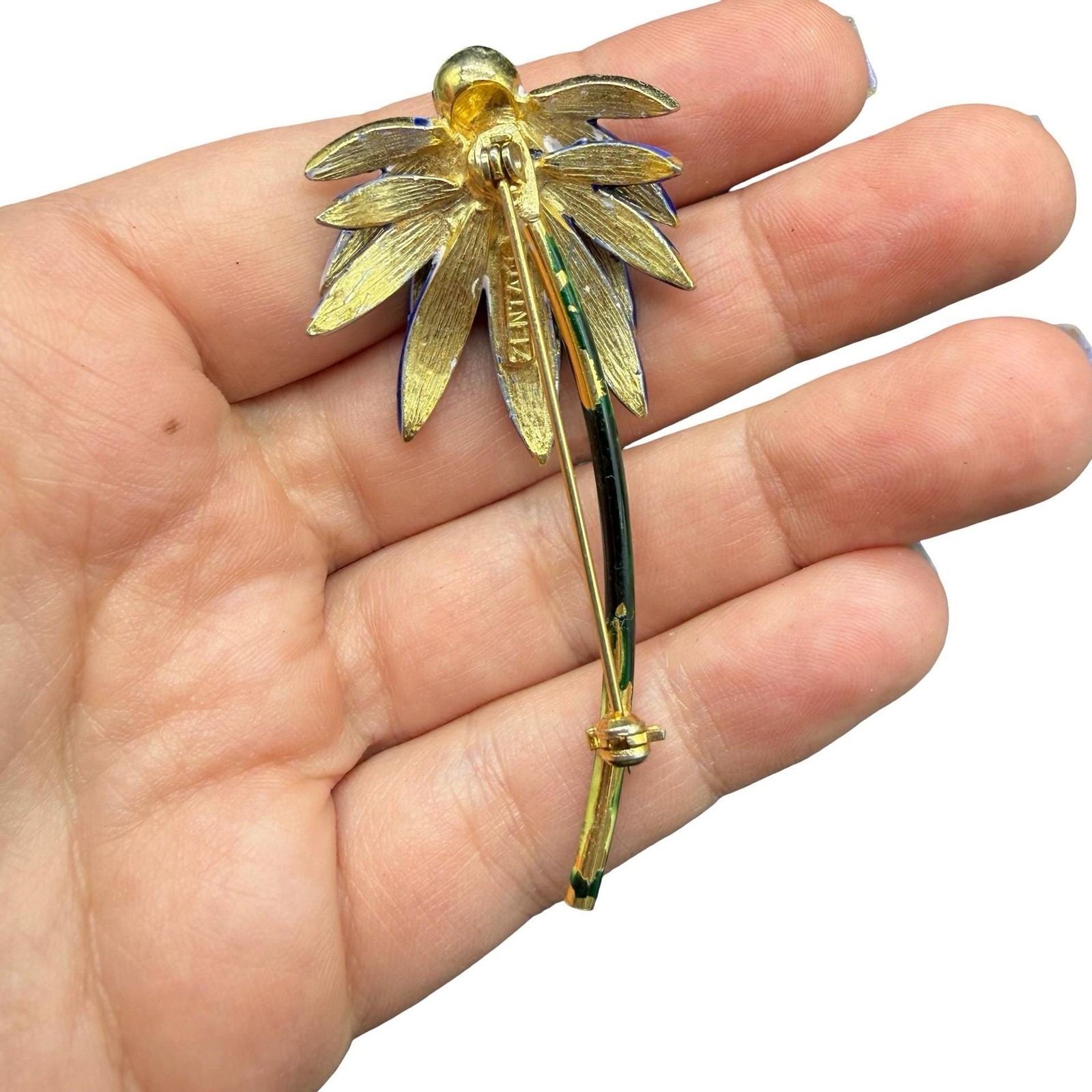 Signed Zentall Blue Enamel Flower Brooch, Gold Tone Echinacea Pin