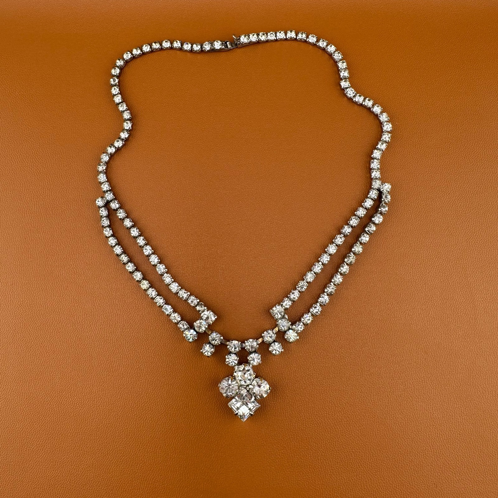 Vintage Rhinestone Festoon Style Necklace Silver Tone Cup Chain Clear Stones