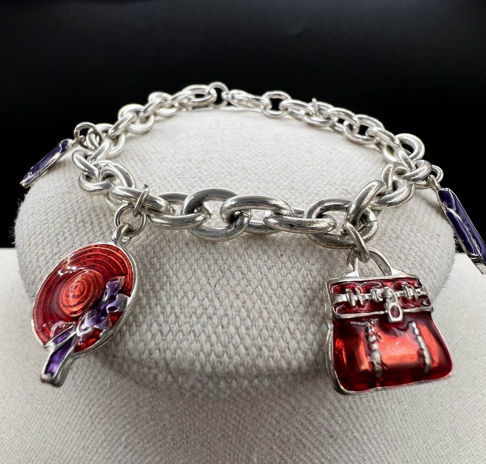 Vintage Enamel Charm Bracelet Purse Hat High Heel Shoes Silver Tone Fashion