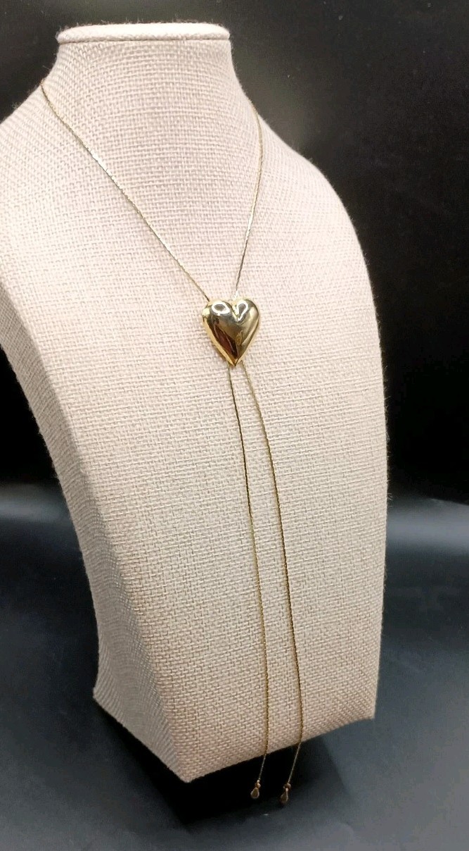 Vintage Heart Lariat Necklace Puffy Slide Pendant Gold Tone Bolo Tassel