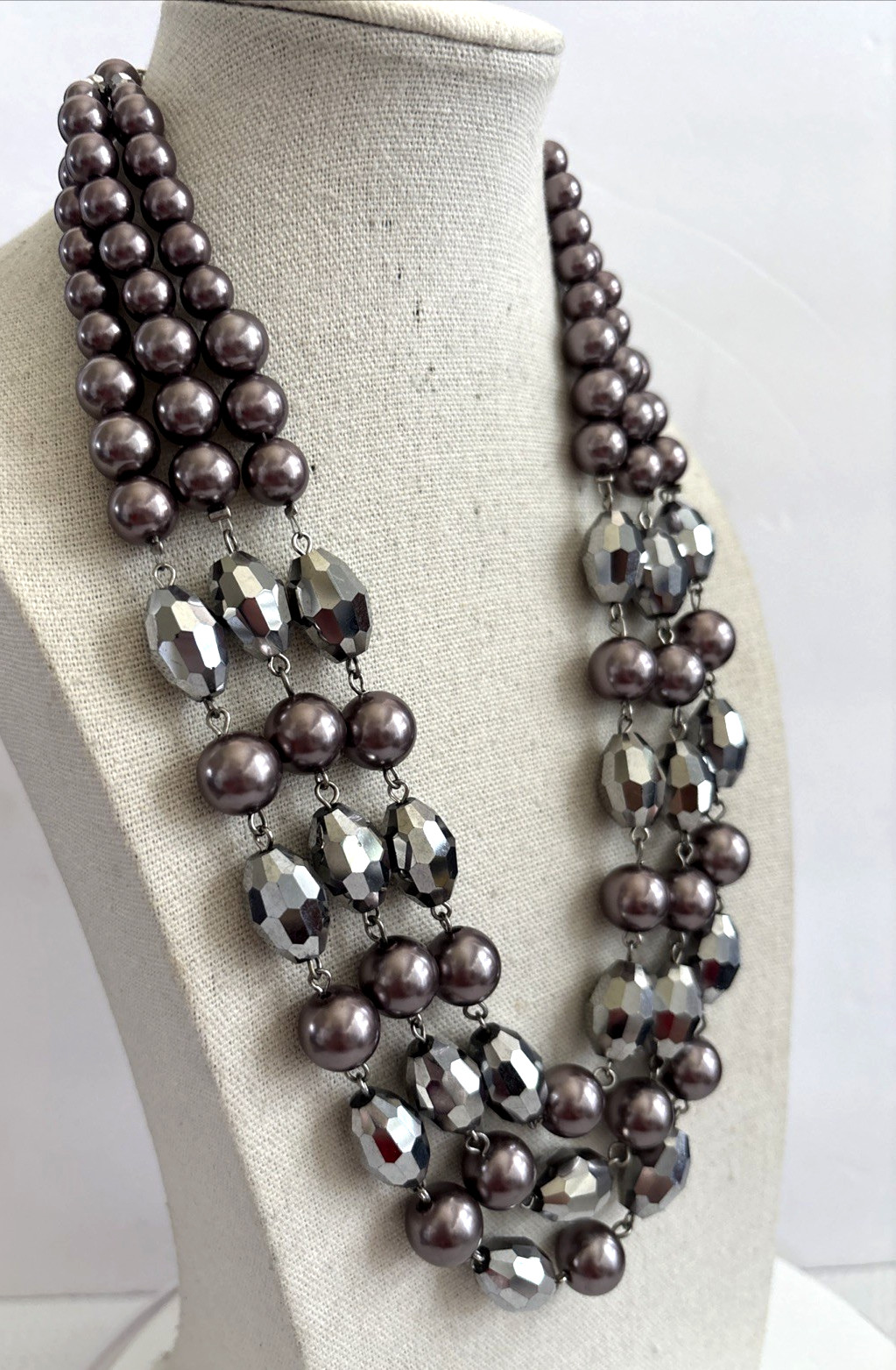 Crown Trifari gray pearl and Mercury Coated bead three strand necklace