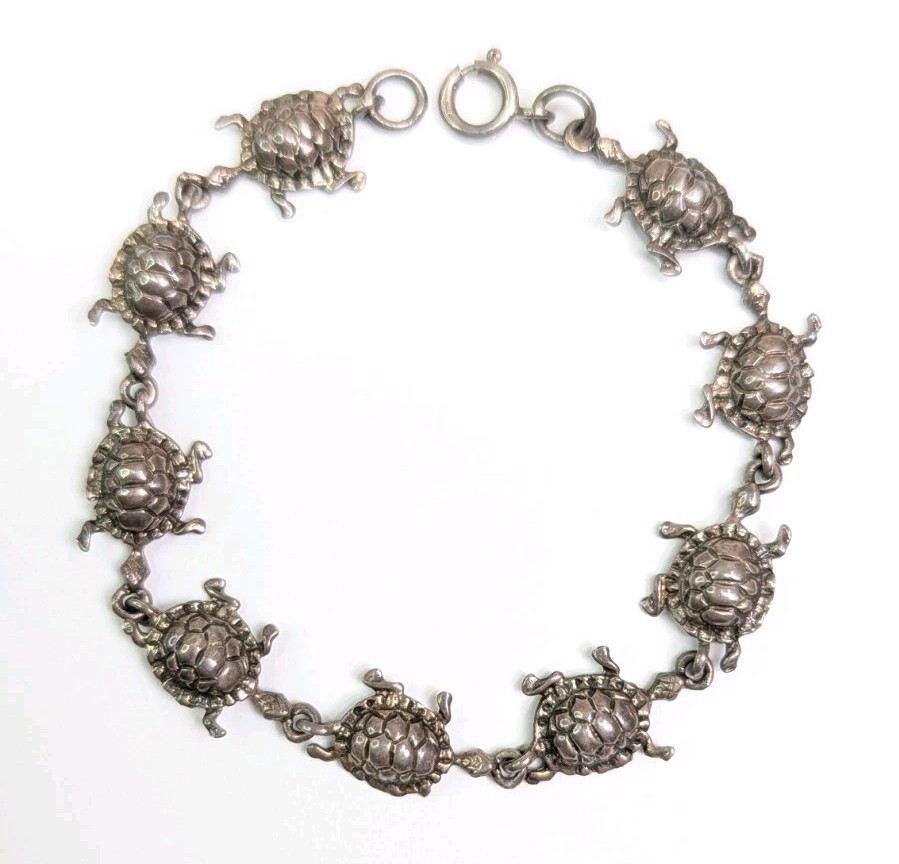 Turtles In A Row Bracelet Sterling Silver 7.75″ Turtle Link Tortoise Gift 11gram