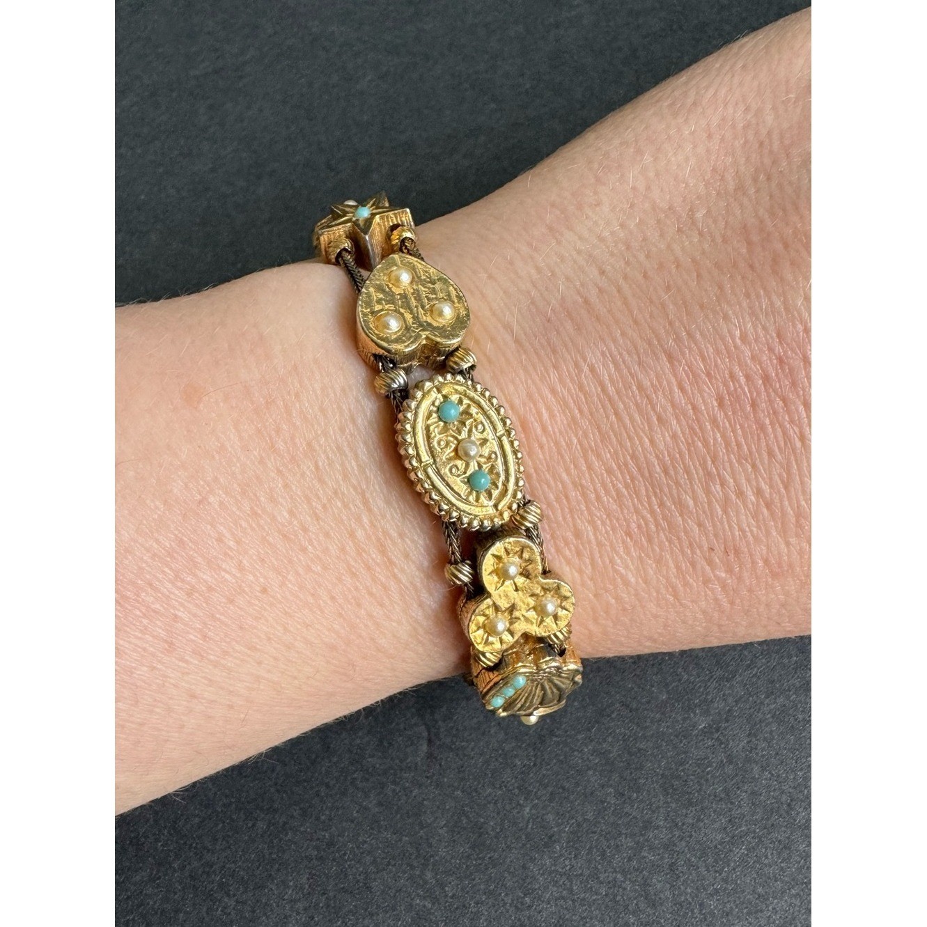 Vintage Victorian Revival Slide Charm Bracelet 60s Sweetheart Lucky Gold Tone