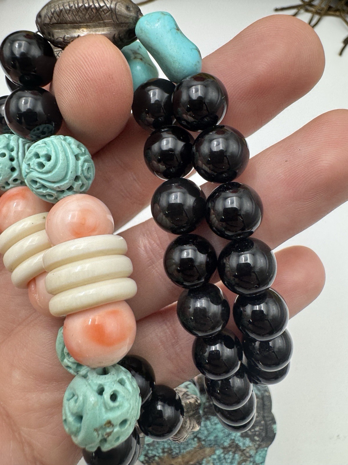 Large Chinese Longevity Pendant Necklace Coral Onyx Double Happiness 144g