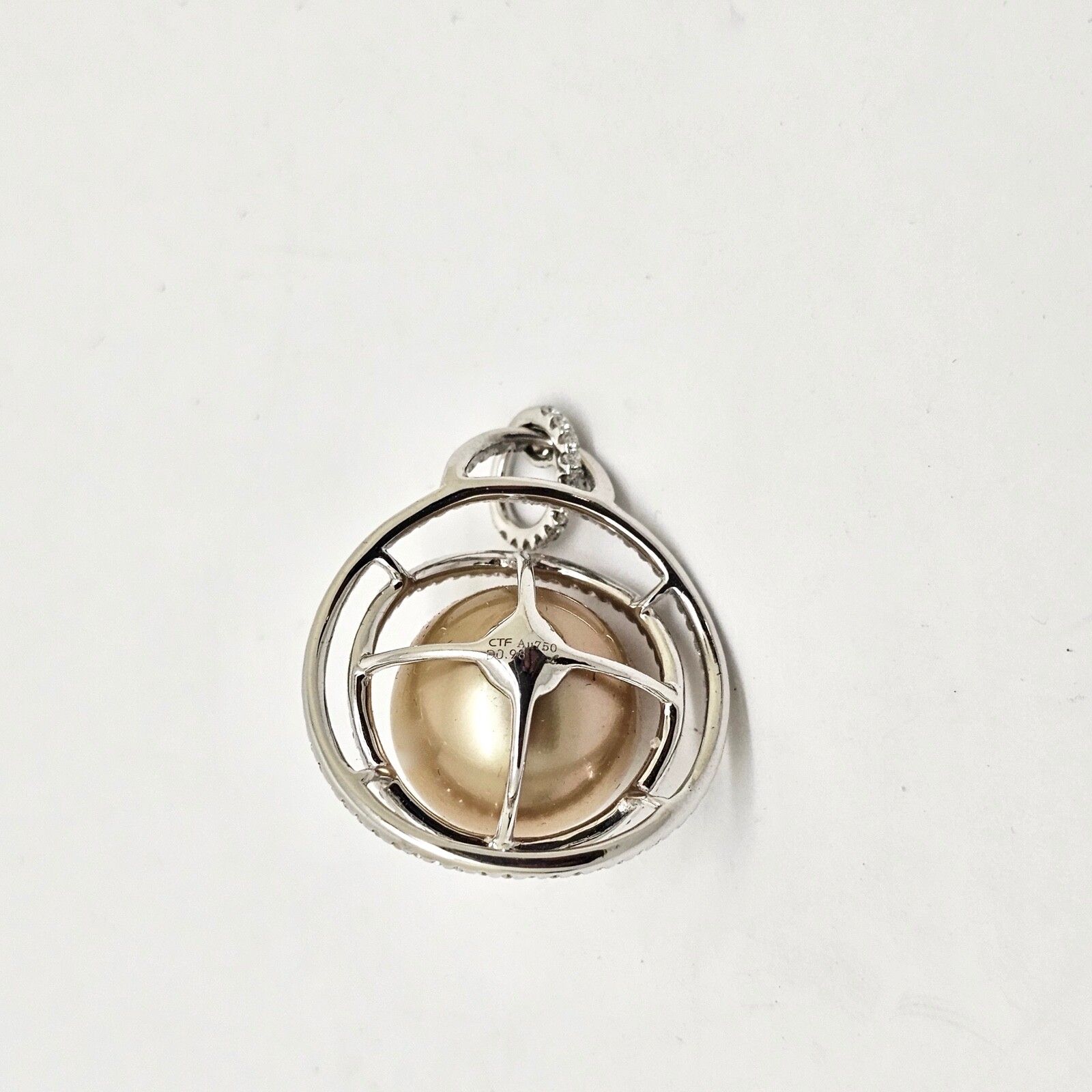 SPARKLY 18K WHITE GOLD DOUBLE WAVY EDGE DIAMOND HALO CHAMPAGNE PEARL PENDANT