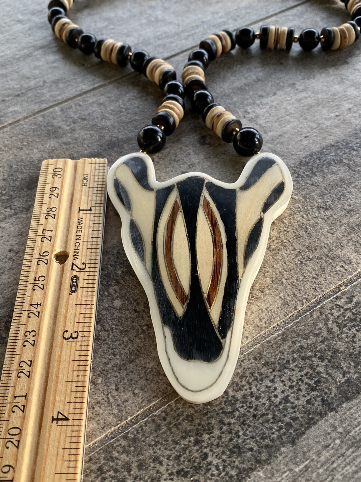 Lee Sands Necklace Zebra Wood Inlaid Beaded Africa Safari VTG Animal Estate
