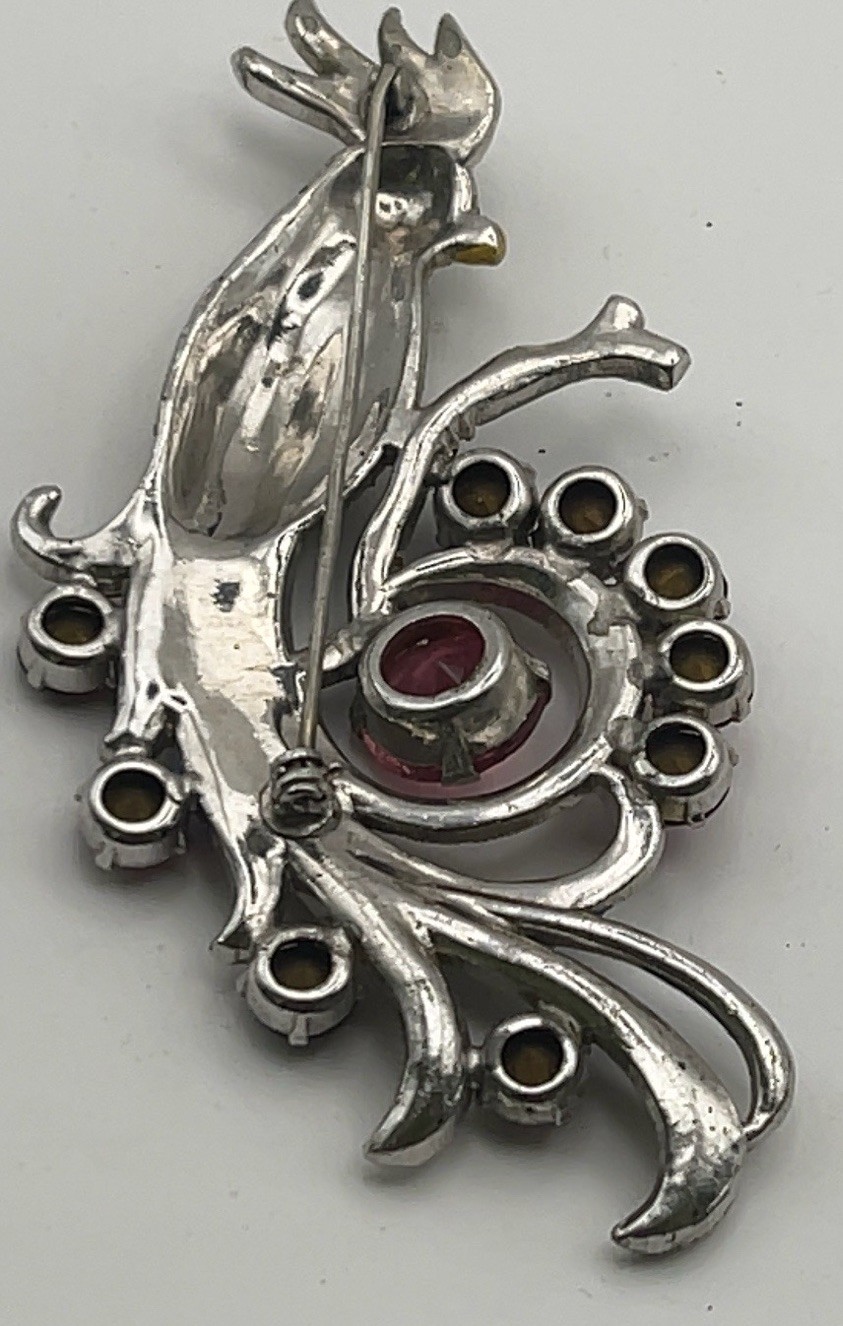 Vntg 3.5” Cockatoo Bird Brooch Pink Rhinestones Enamel Pin Unsigned Coro Read