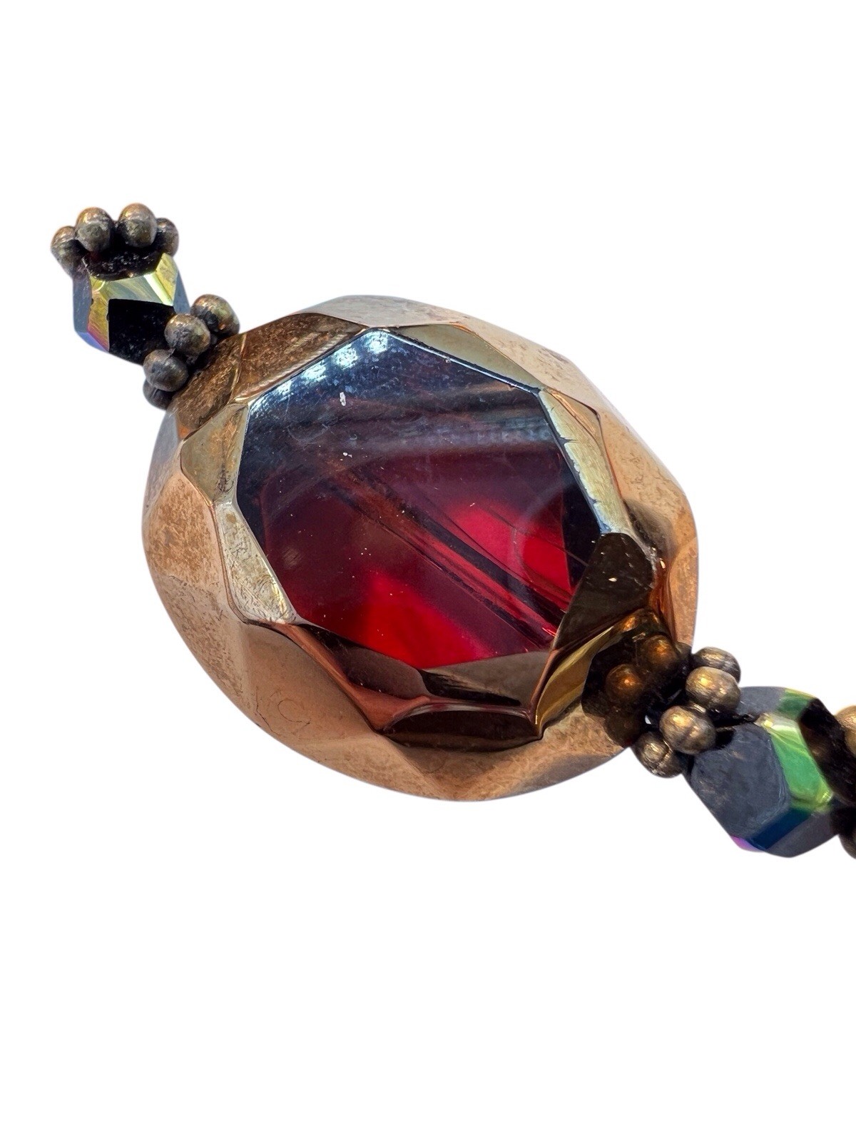Signed Art Glass Bead Neckllace Nena N Black Gold Foil Faceted Red AB Accent WB