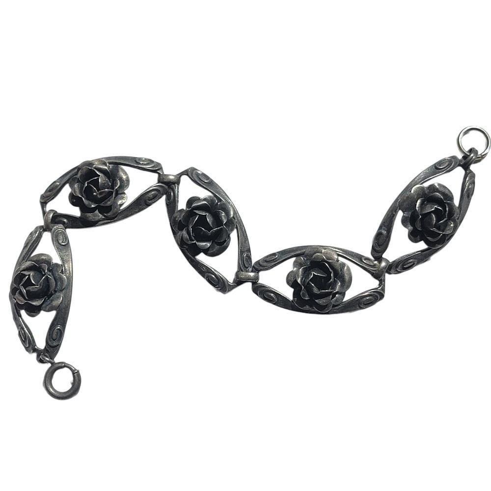 Vintage Sterling Silver Rose Link Bracelet 925 Floral 7″