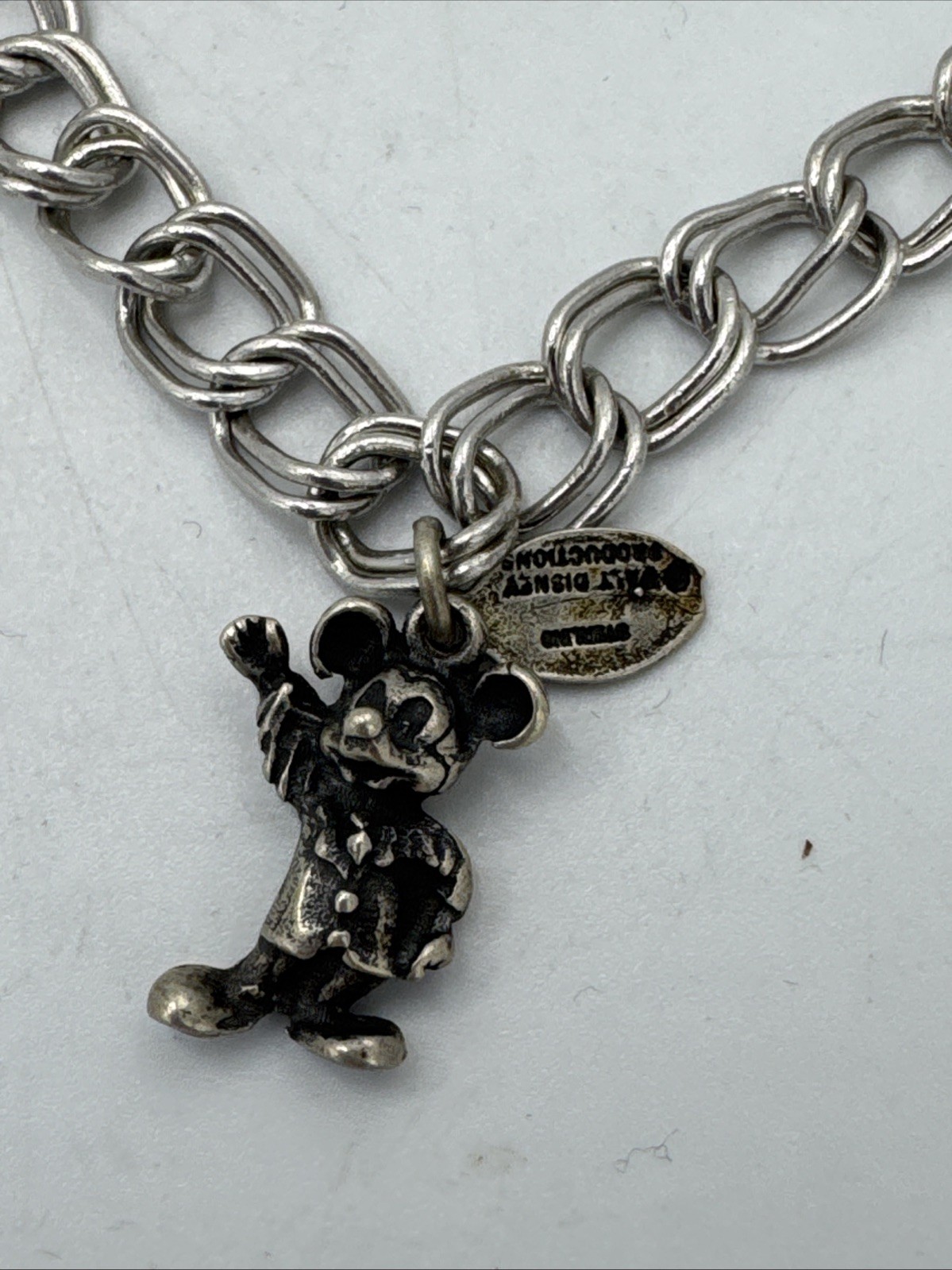 Vtg Sterling Silver 925 Double Link Chain Disney Micky Mouse Charm Bracelet 6.75