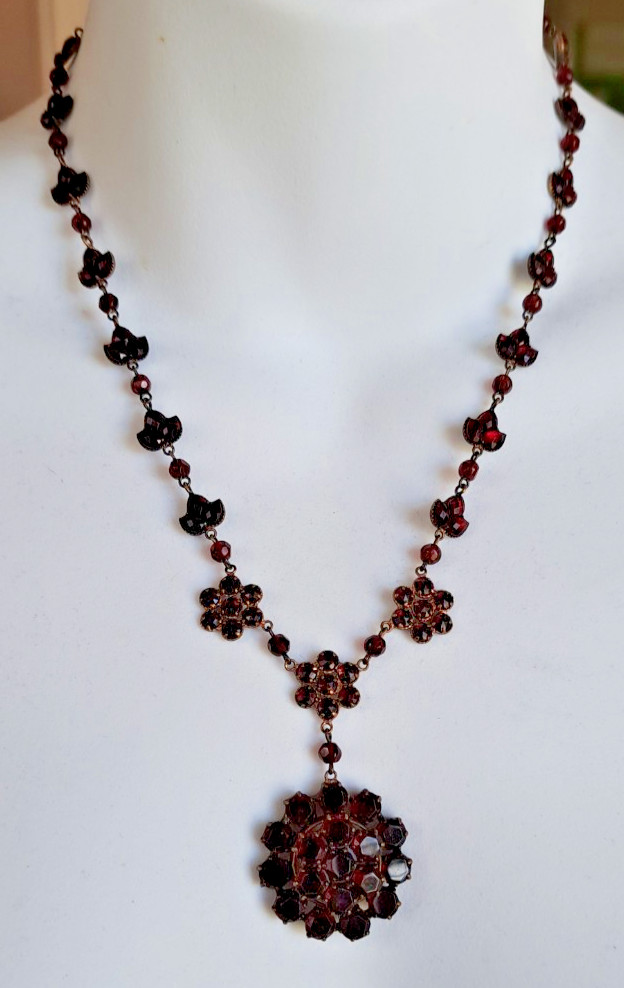GARNET NATURAL GENUINE 118 GEMS BOHEMIAN 18″ PENDANT NECKLACE VINTAGE #708