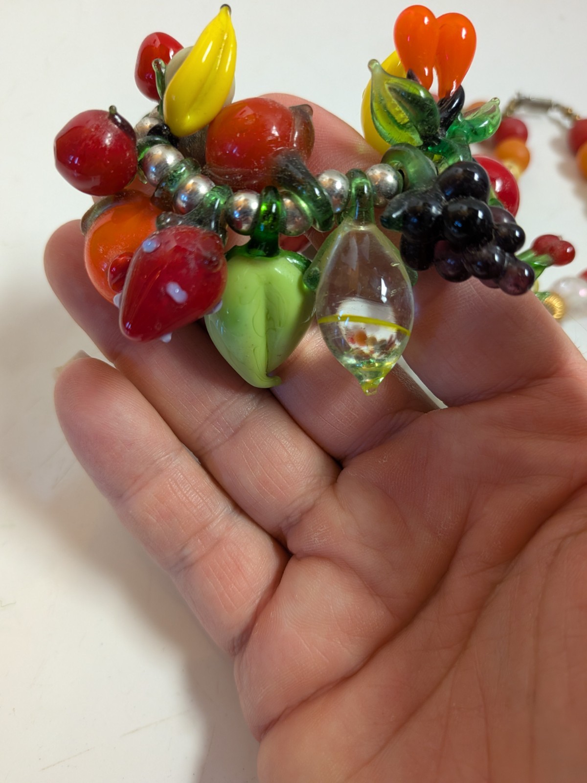 Vtg Fruit Salad Art Glass Fruit Dangle Charm Style Necklace Bananas Apple Grapes