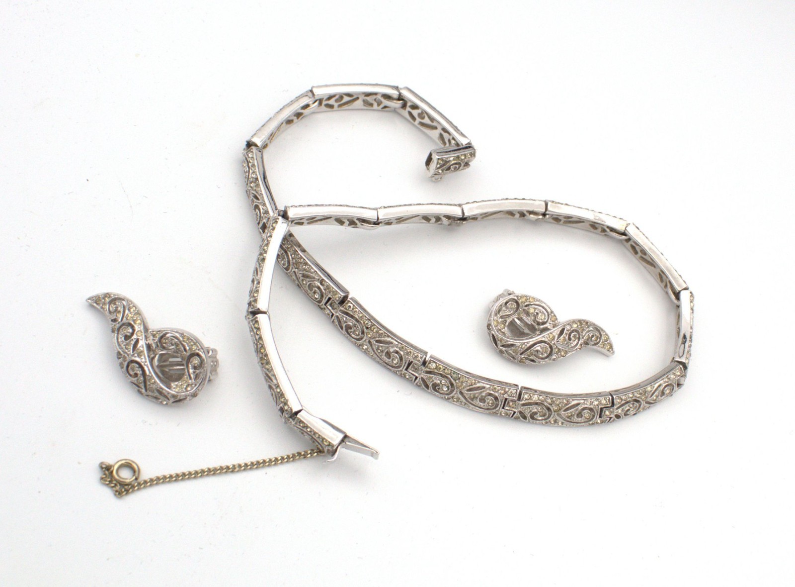 Panetta 1940s Cutout Scroll Rhinestone Necklace Clip Earring Set; Book Reference