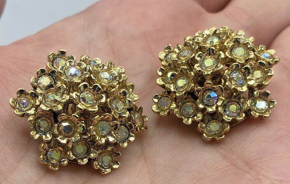 Vintage Orena Paris Aurora Borealis Crystal FLOWER Gold Tone Clip On Earrings