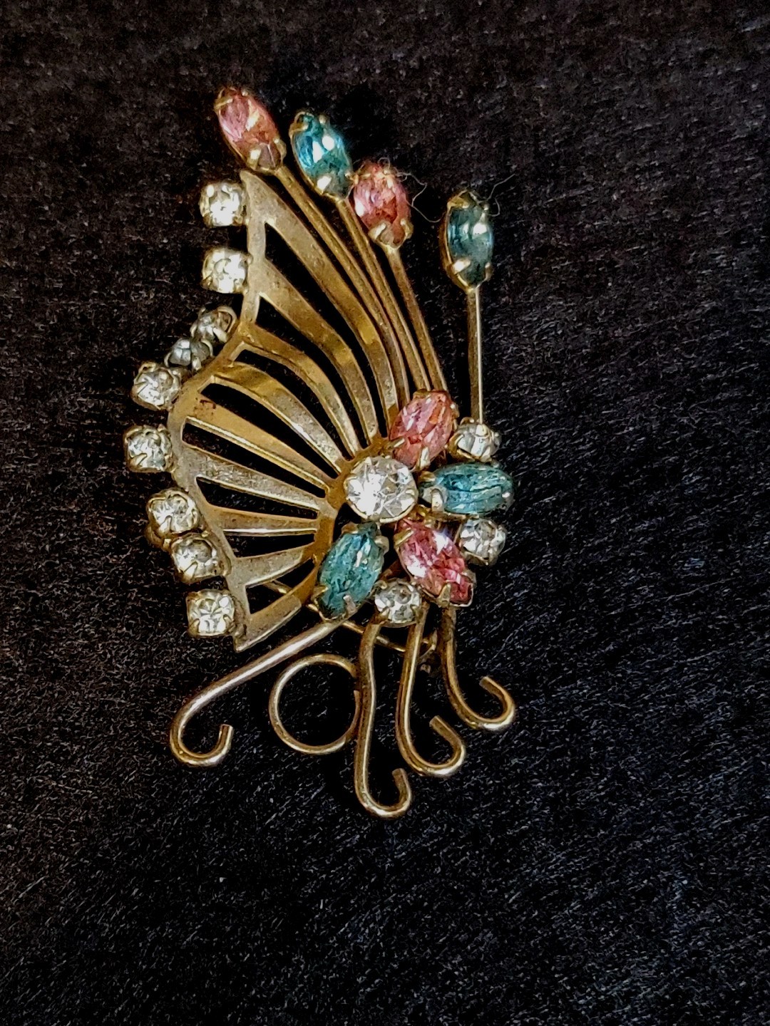Butterfly Brooch P&F 12k Gold Filled Glass Rhinestones Pink Blue Clear