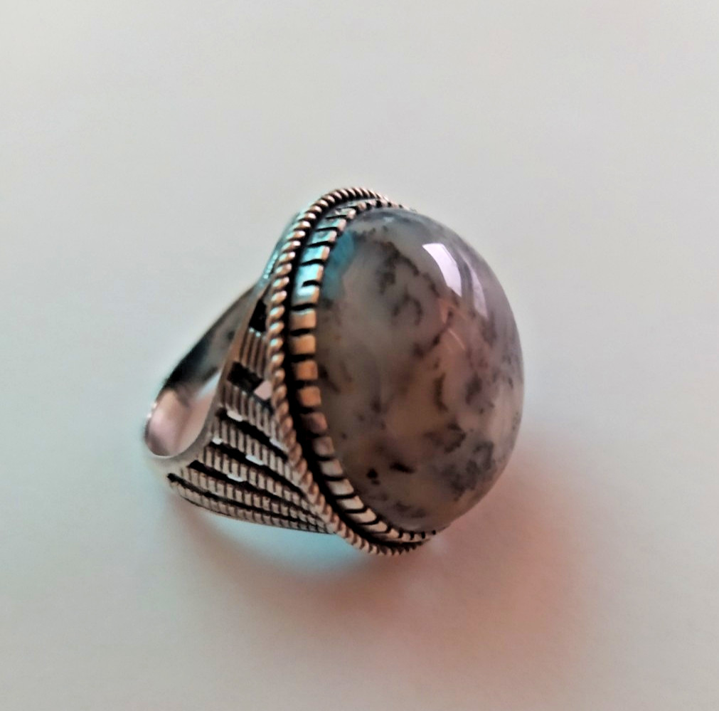 Ancient Vintage Victorian Sterling Silver Ring Natural Agate Stone Size 9