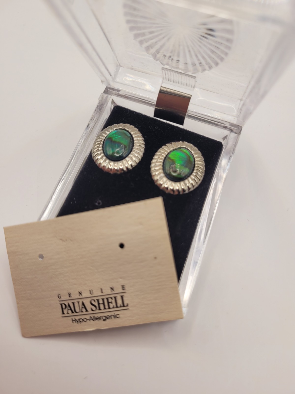 New Vintage Green Pua Shell Oval Stud Earrings Silver Tone Fluted Oval Bezel 1″