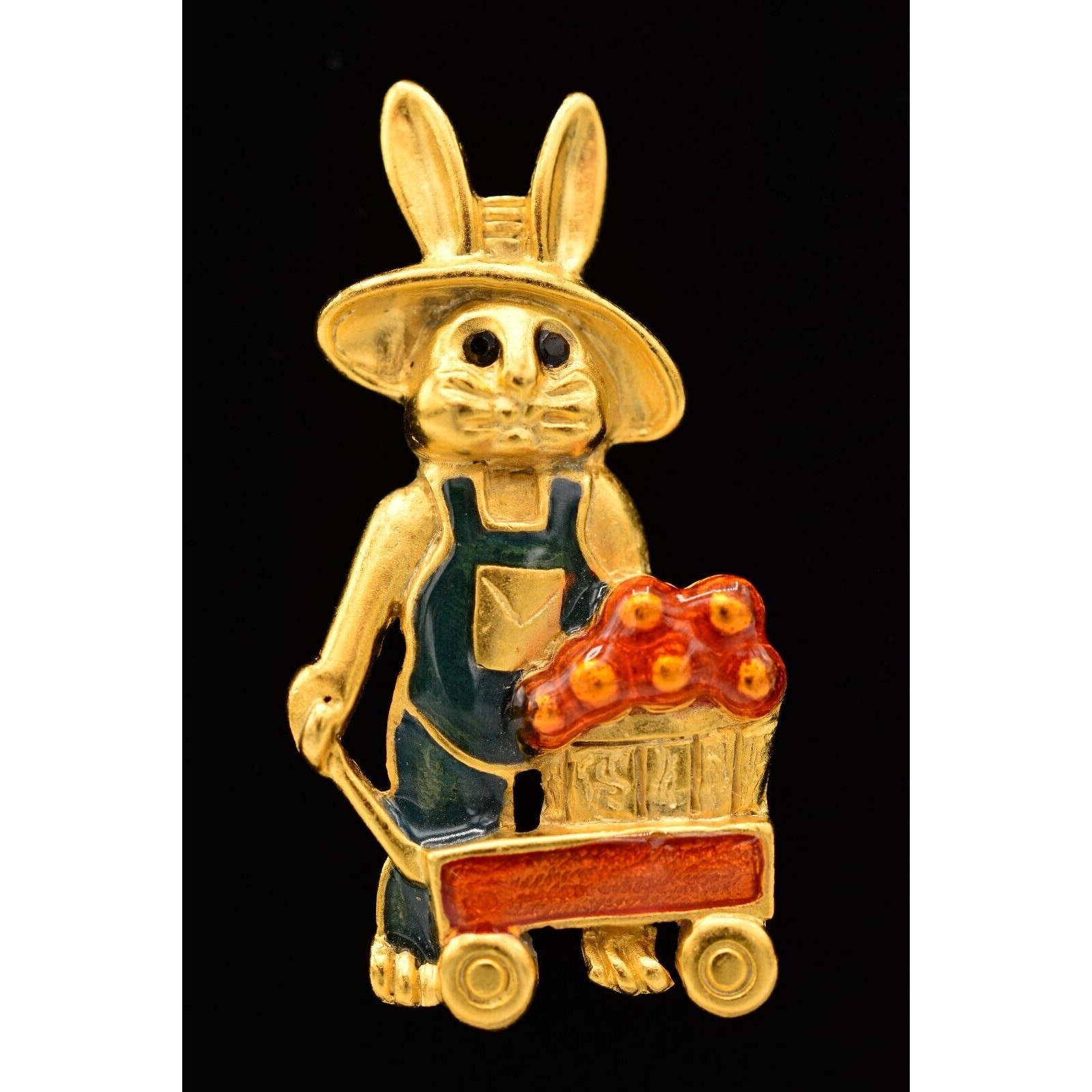 Danecraft Vintage Bunny Rabbit Brooch Pin Enamel Wheelbarrow Garden Easter BinA1