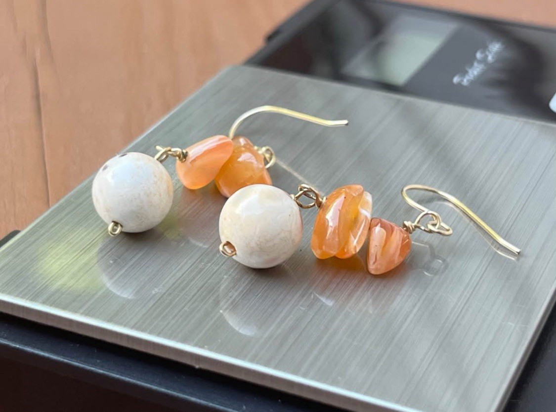 14K GF 🍊 Orange Cream Marble Dangle Gemstone Vintage Gold Filled Earrings