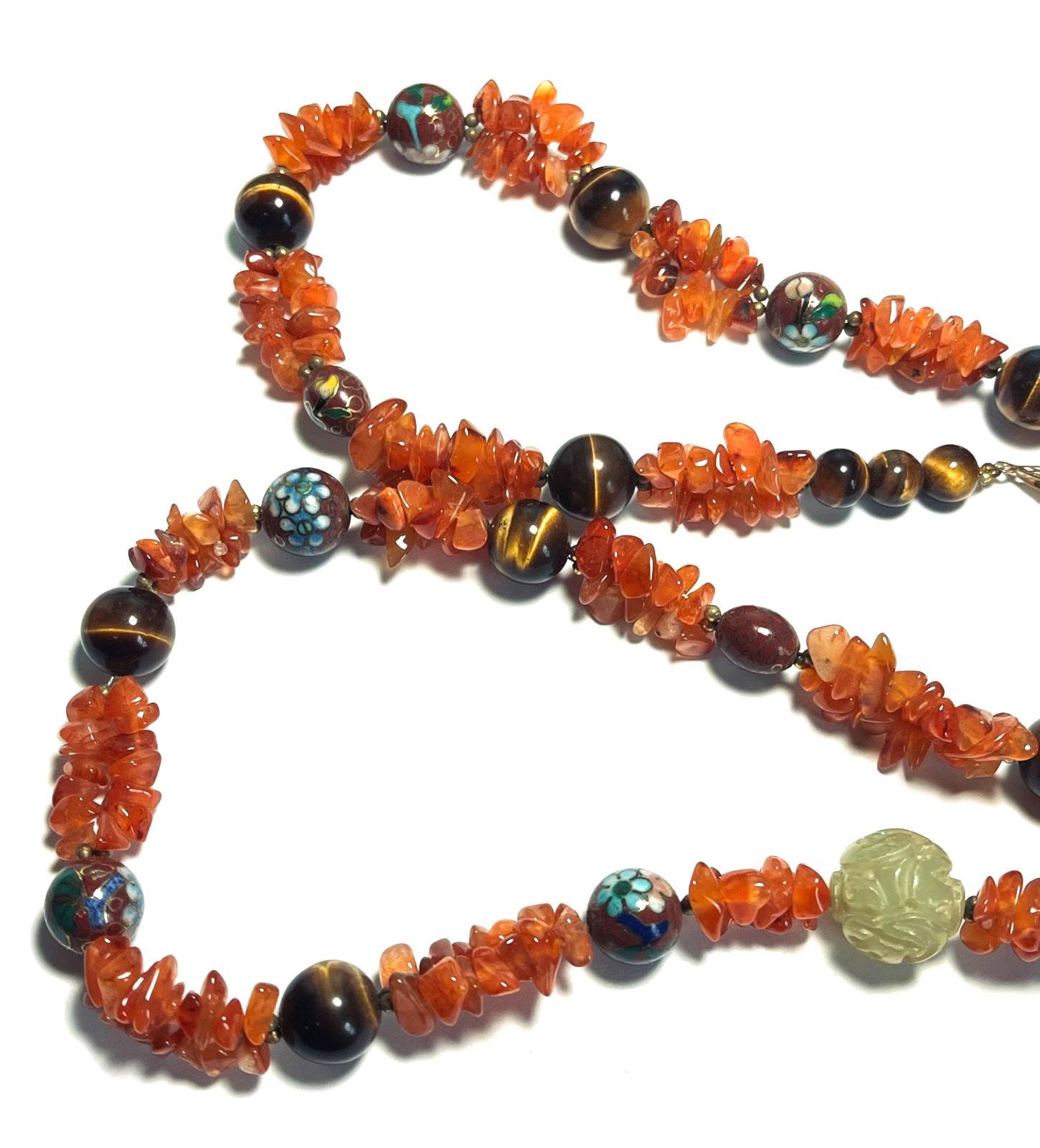 VTG Chinese Carved Jade Balls, Tiger’s Eye, Cloisonne & Carnelian Stone Necklace