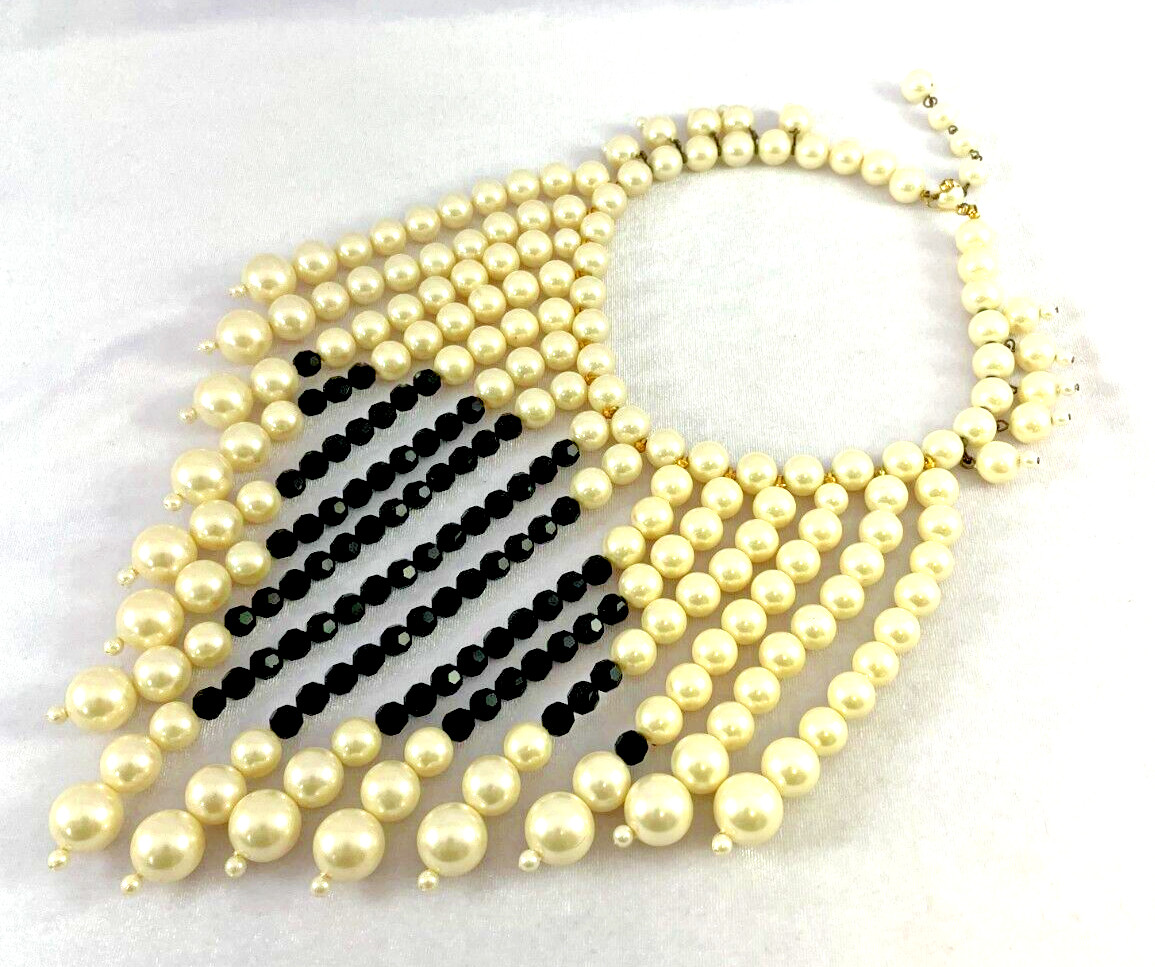 Vtg MARVELLA Fringe Bib Collar Faux Pearl Black Faceted Crystal Choker Necklace