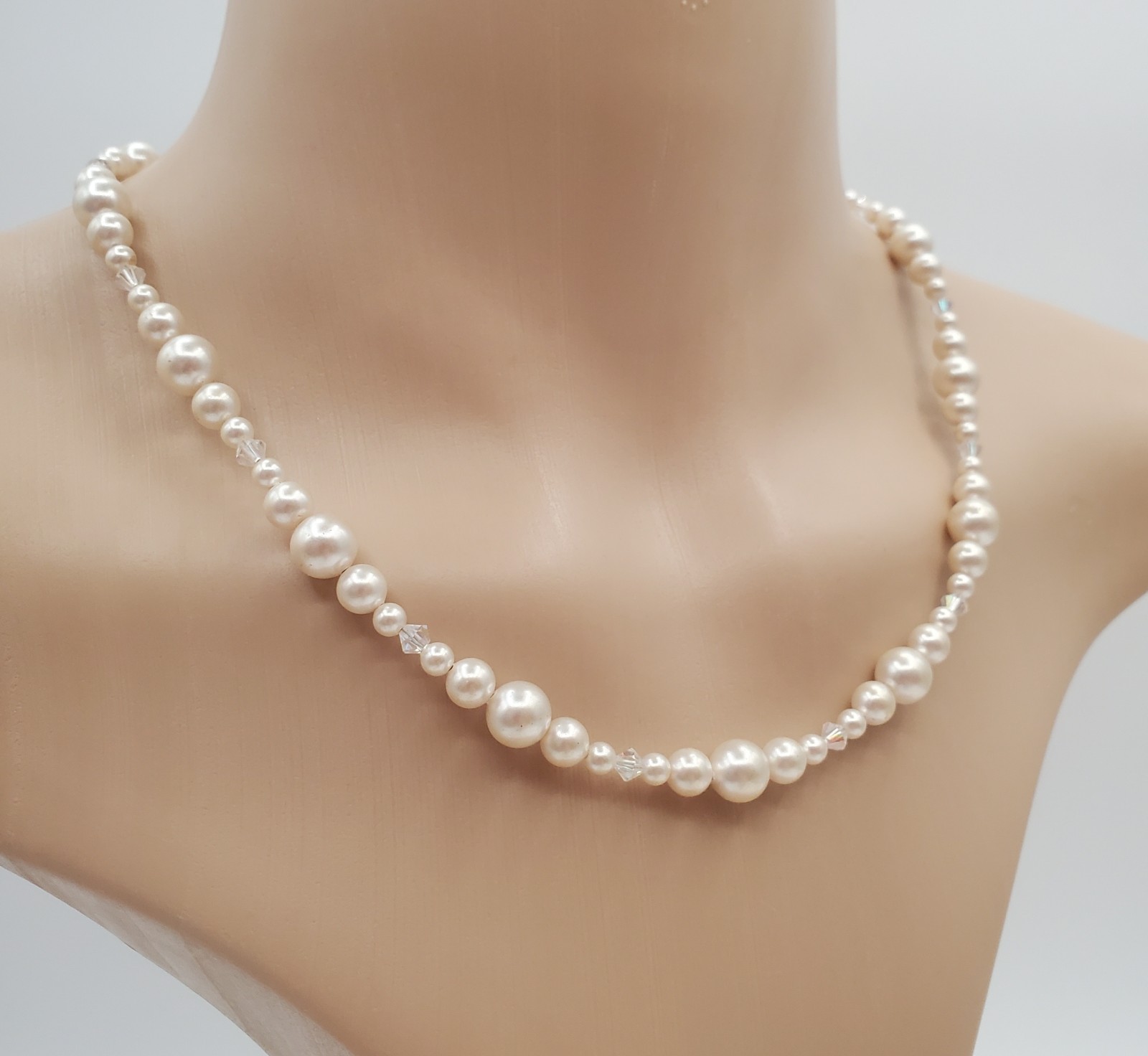 VTG 925 Faux Pearl Bicone Crystal Necklace 18in Sterling Silver 24gtw Estate