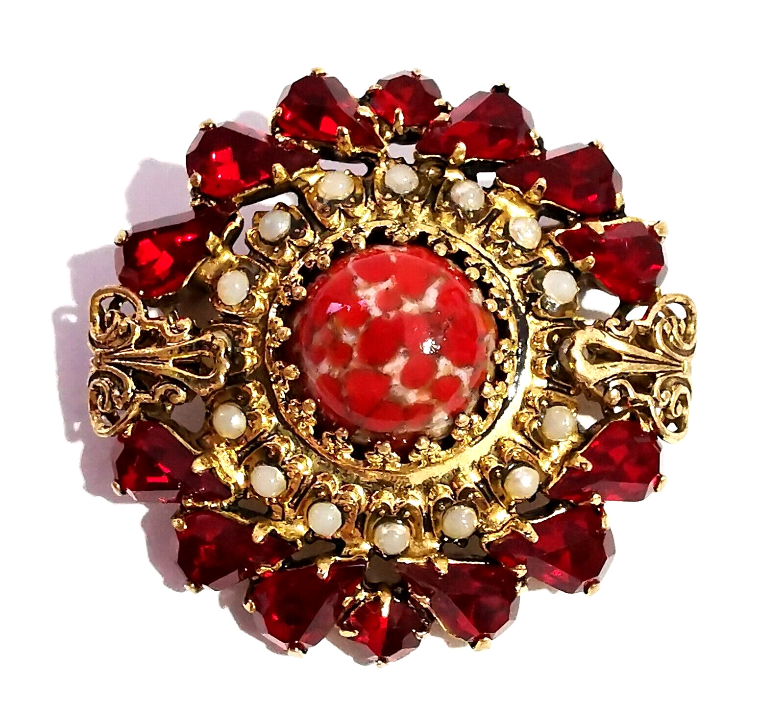 Vintage Czech Red Glass Brooch Pin Gilded Brass Faux Pearls Central Art Glass