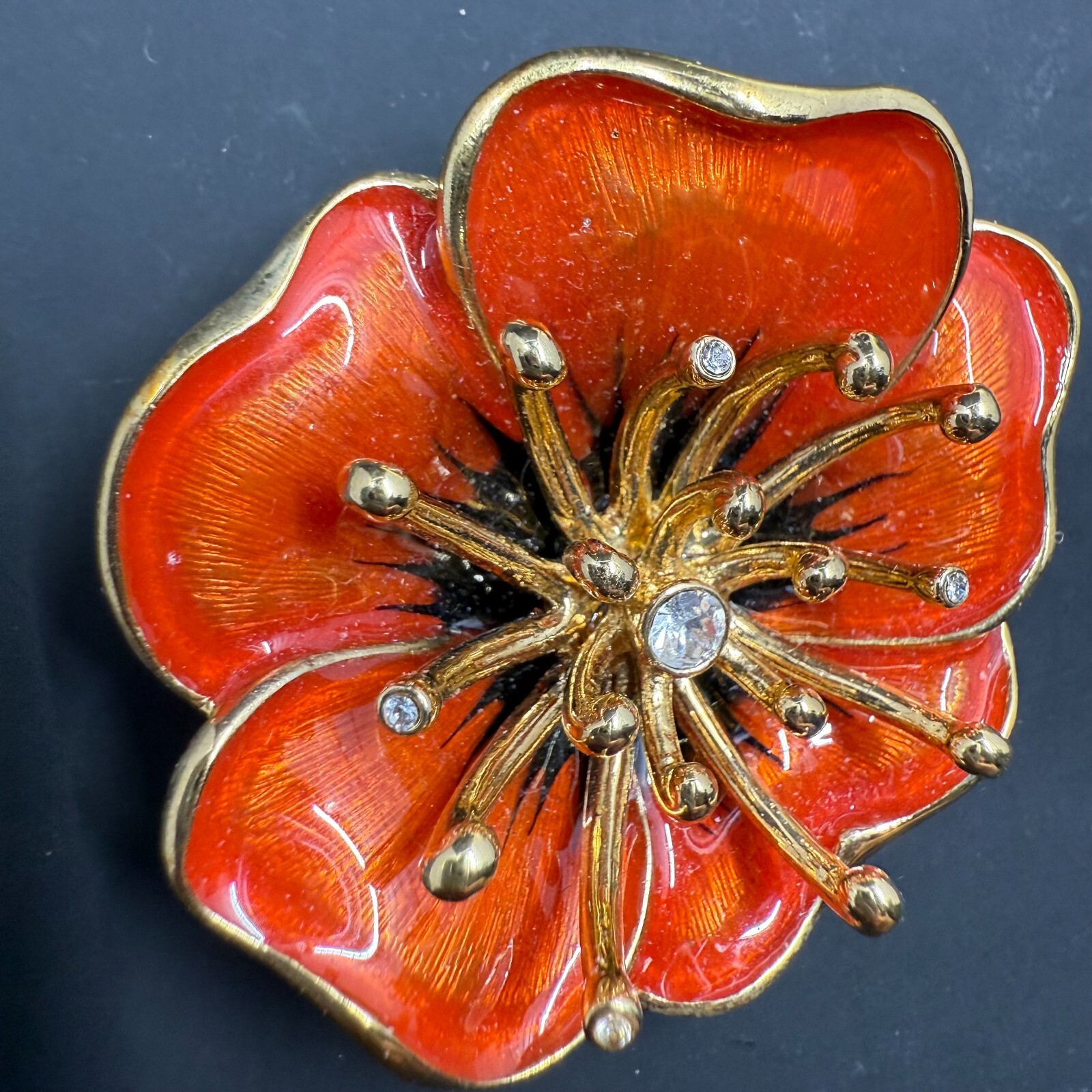 🌺 Vintage Monet Red Poppy Flower Brooch 1.5″ Gold Tone Rhinestone Pin Signed 🌟