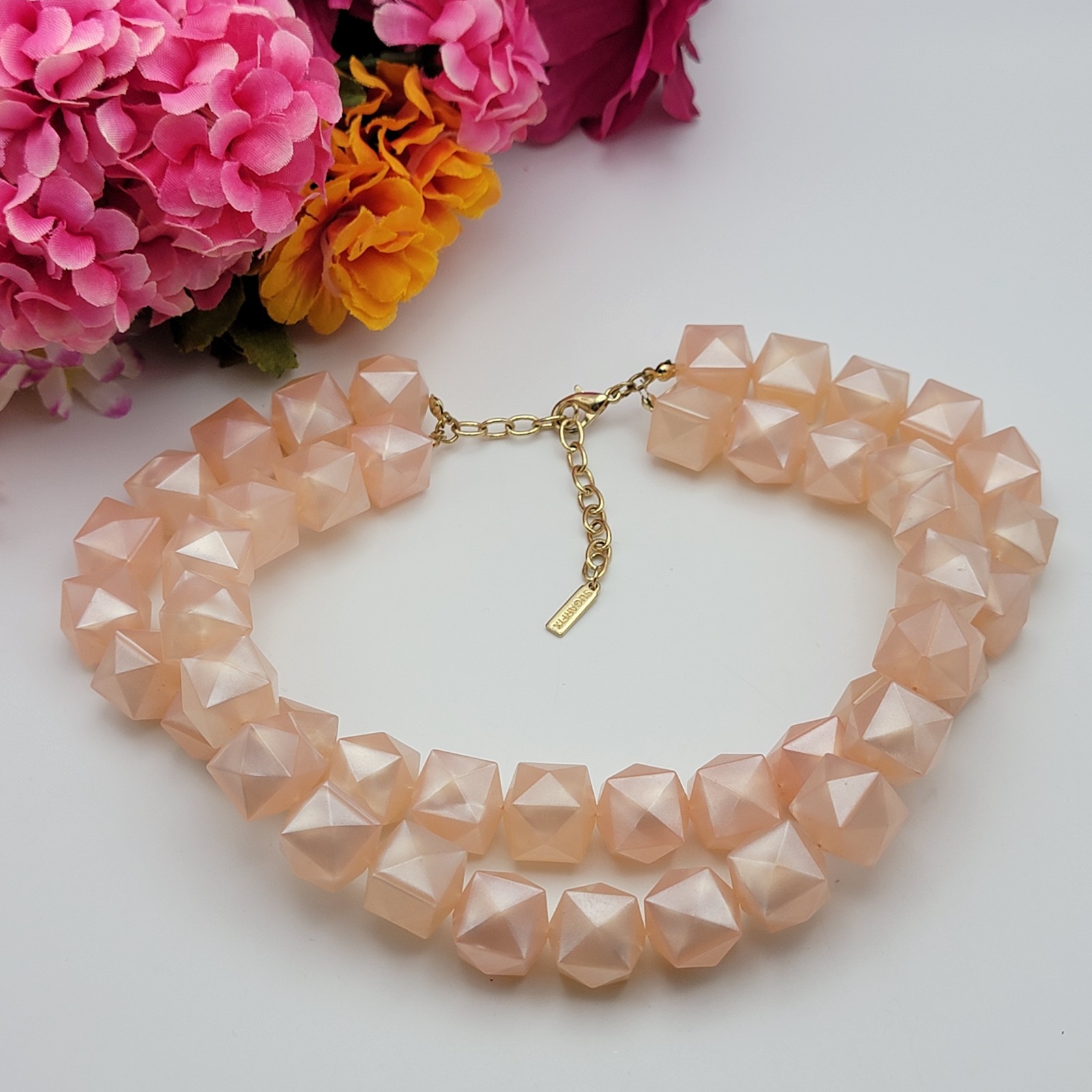 SUGARFIX Faceted 3D Cube Lucite Beaded Necklace 18″ Pink 2-Strand Statement