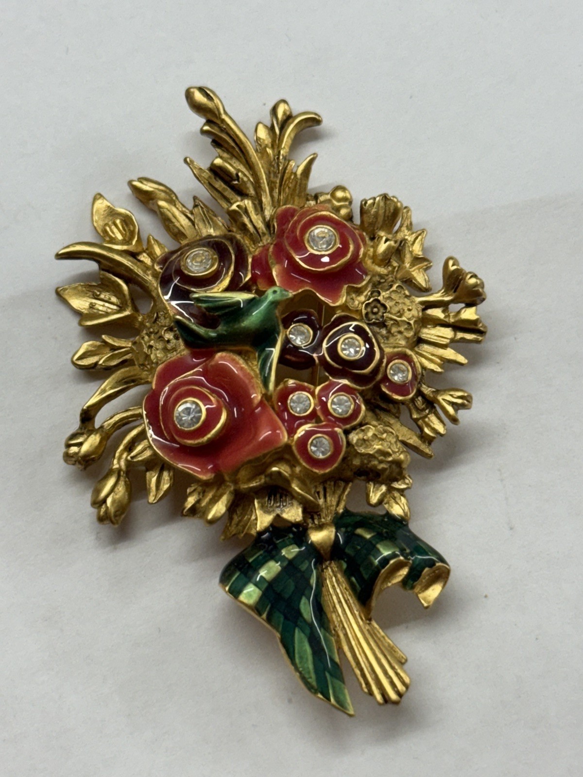 VINTAGE BOB MACKIE SIGNED STAMPED ROSE BOUQUET RHINESTONE BROOCH PIN – RARE J110