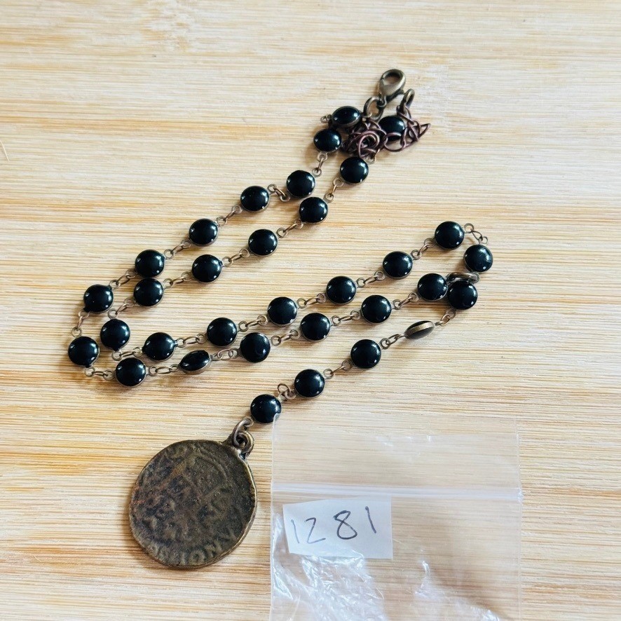 Gothic Style Rosary Cross Coin Necklace Devotional Rustic Chain black Jet Glass