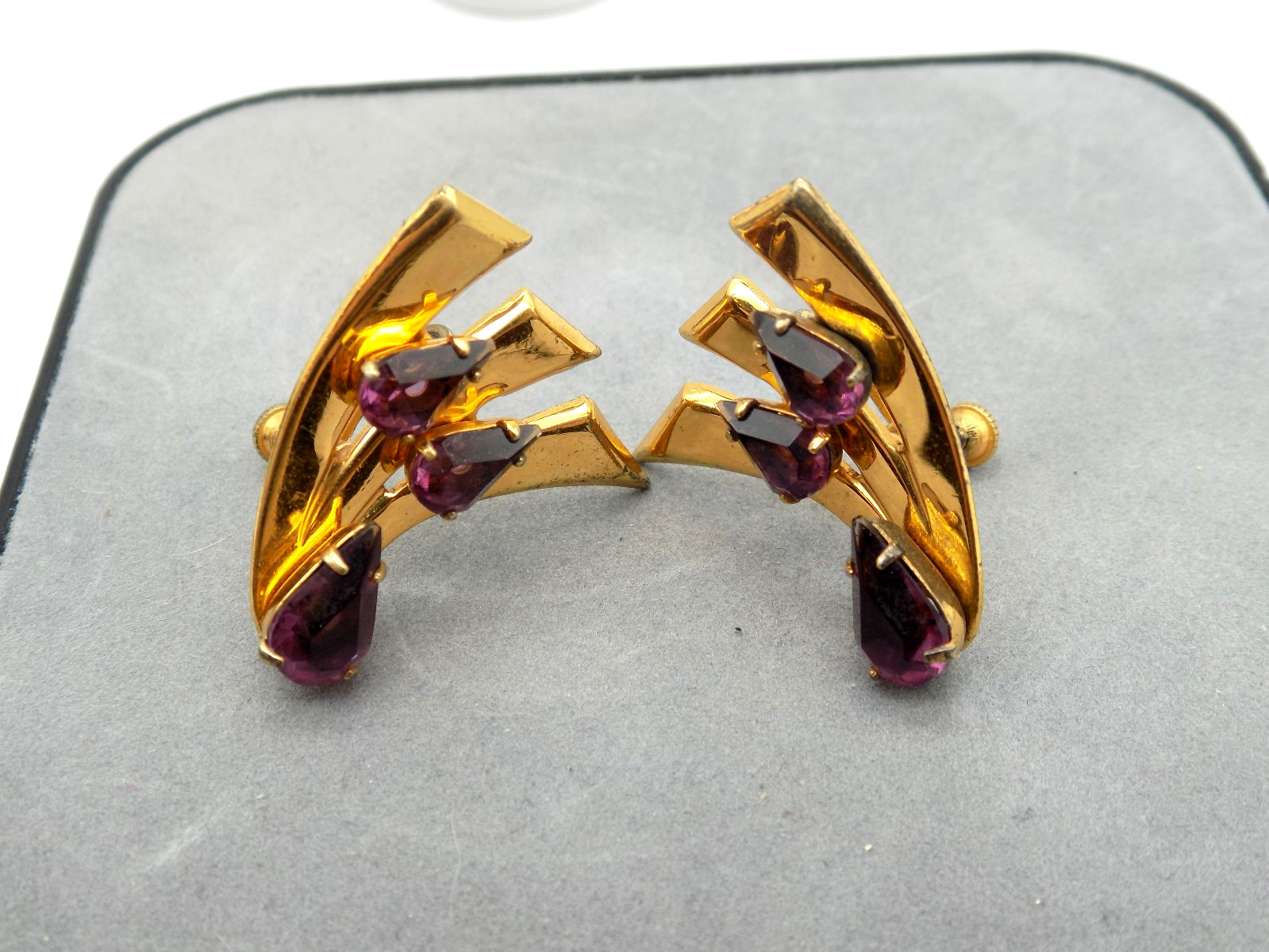 Vintage 1940s Sterling Silver Gold Vermeil Screwback Earrings Purple Glass